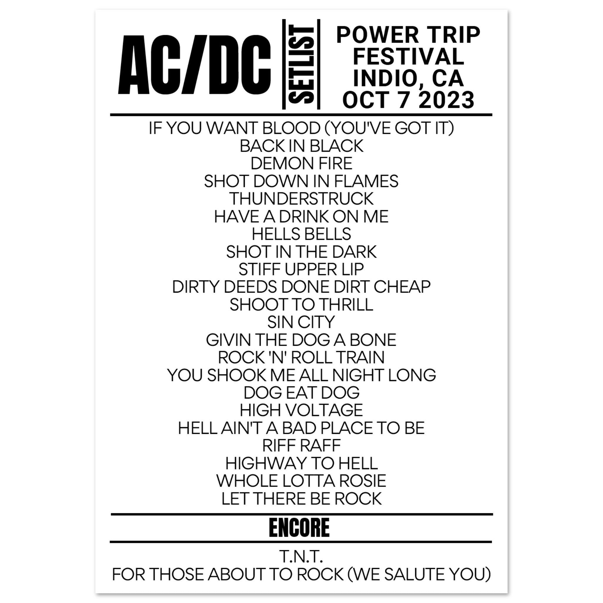 AC/DC Power Trip Festival 2023 Setlist Poster Setlist USA