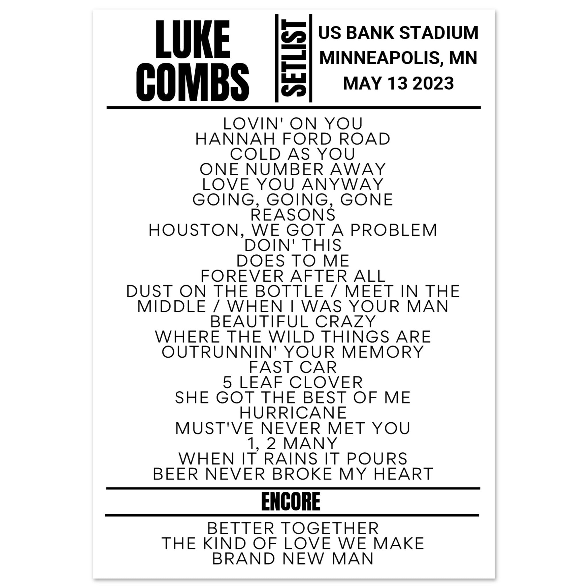 Luke Combs Minneapolis 2023 Setlist Poster Setlist USA