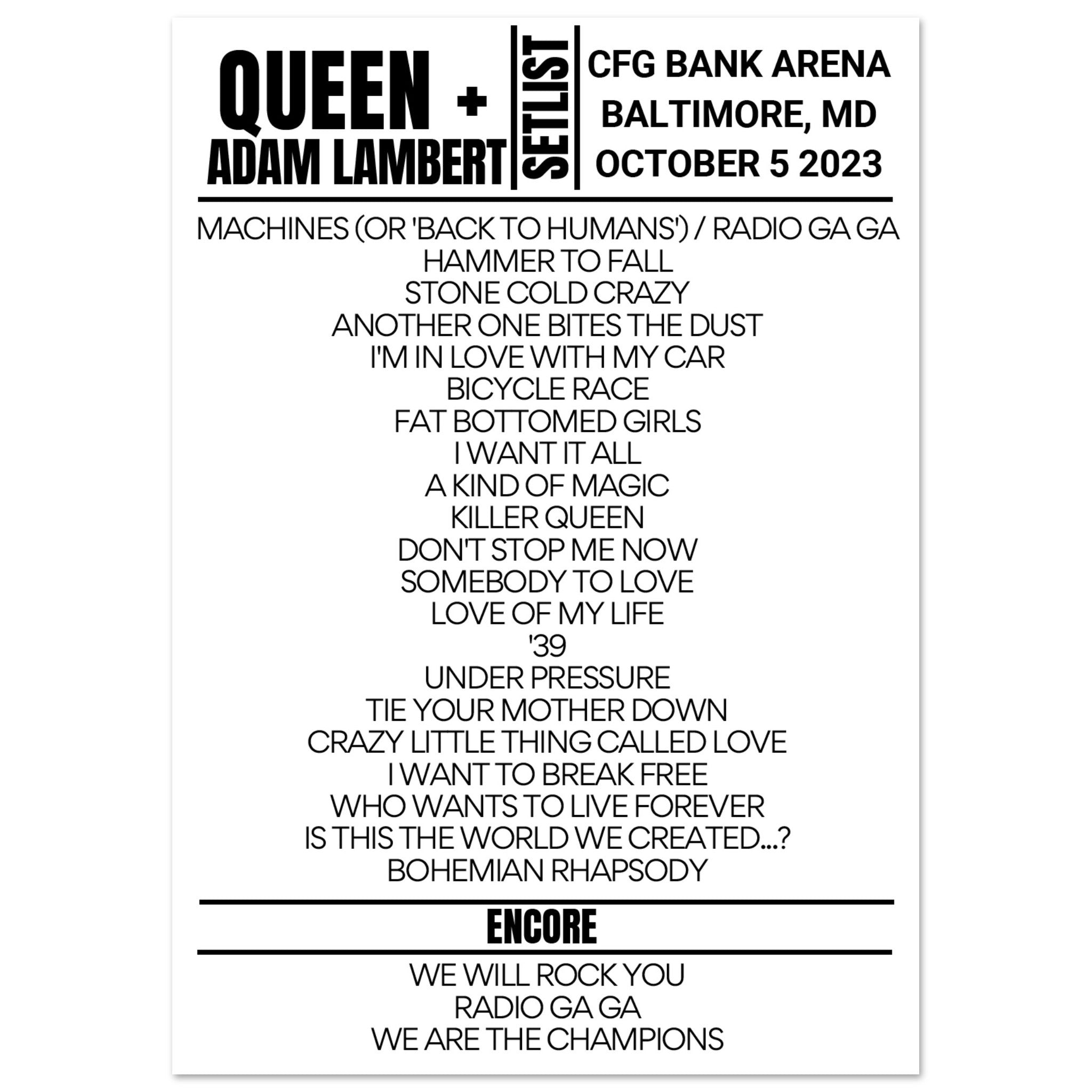 Queen + Adam Lambert Baltimore 2023 Night 2 Setlist Poster