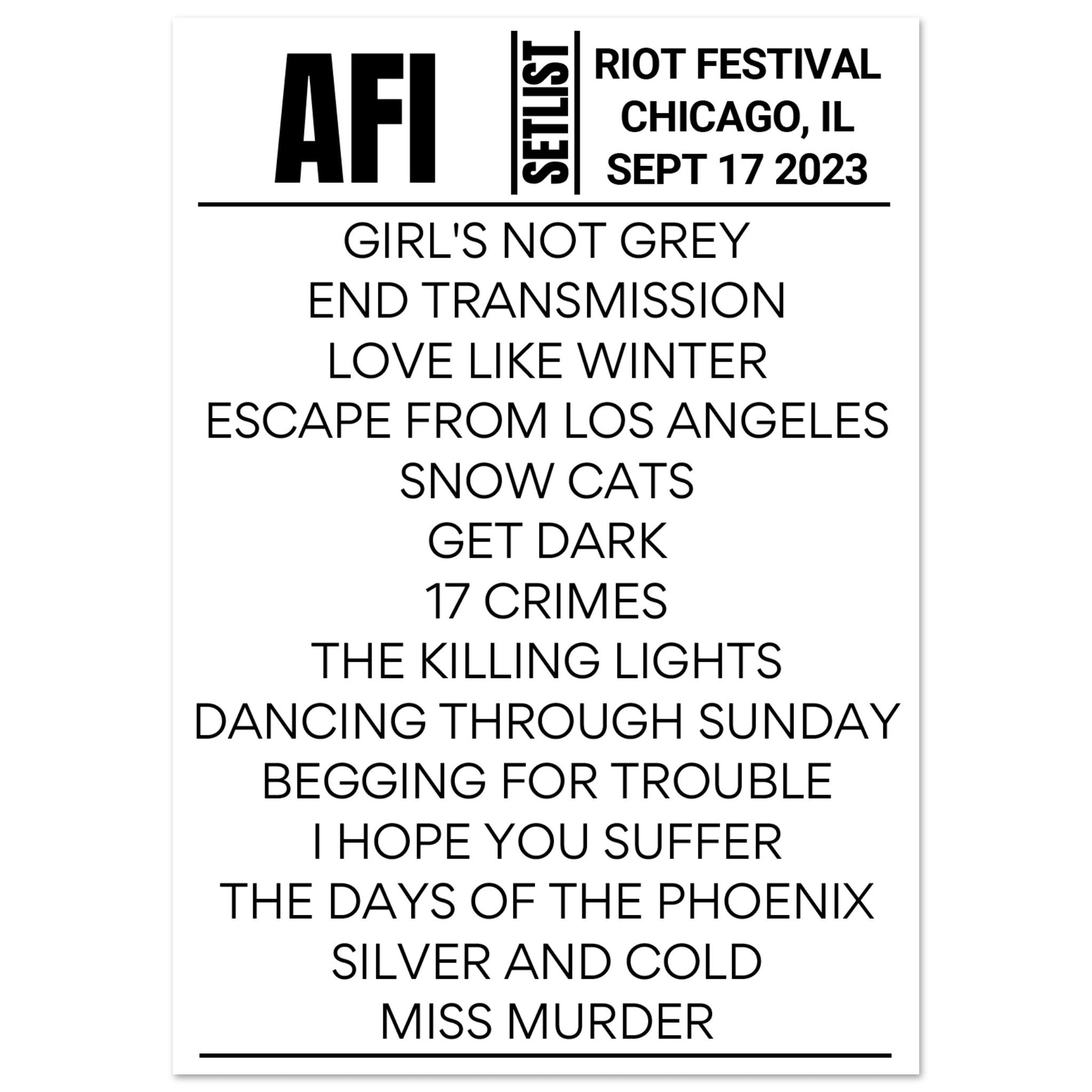 AFI Riot Festival 2023 Setlist Poster Setlist USA