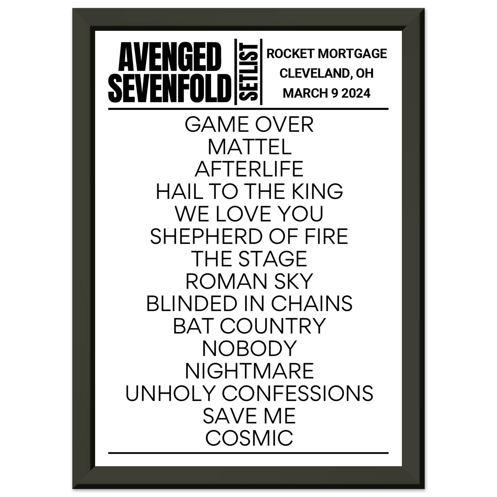 Avenged Sevenfold Cleveland 2024 Framed Setlist Setlist USA