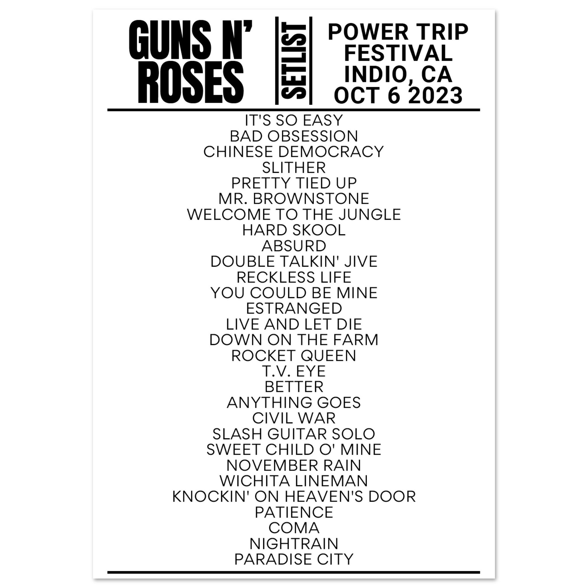 Guns N' Roses Power Trip Festival 2023 Setlist Poster Setlist USA