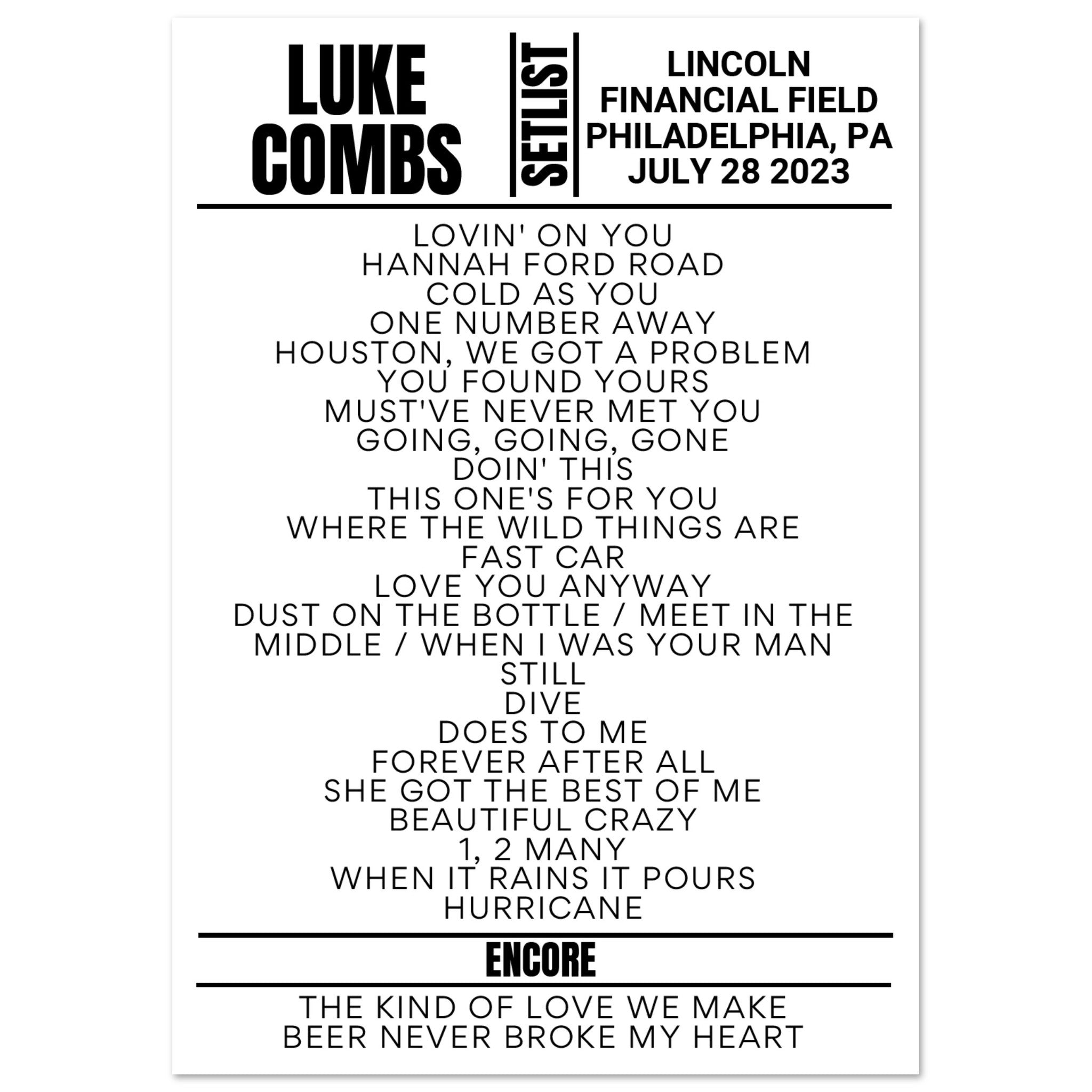 Luke Combs Philadelphia 2023 Night 1 Setlist Poster Setlist USA