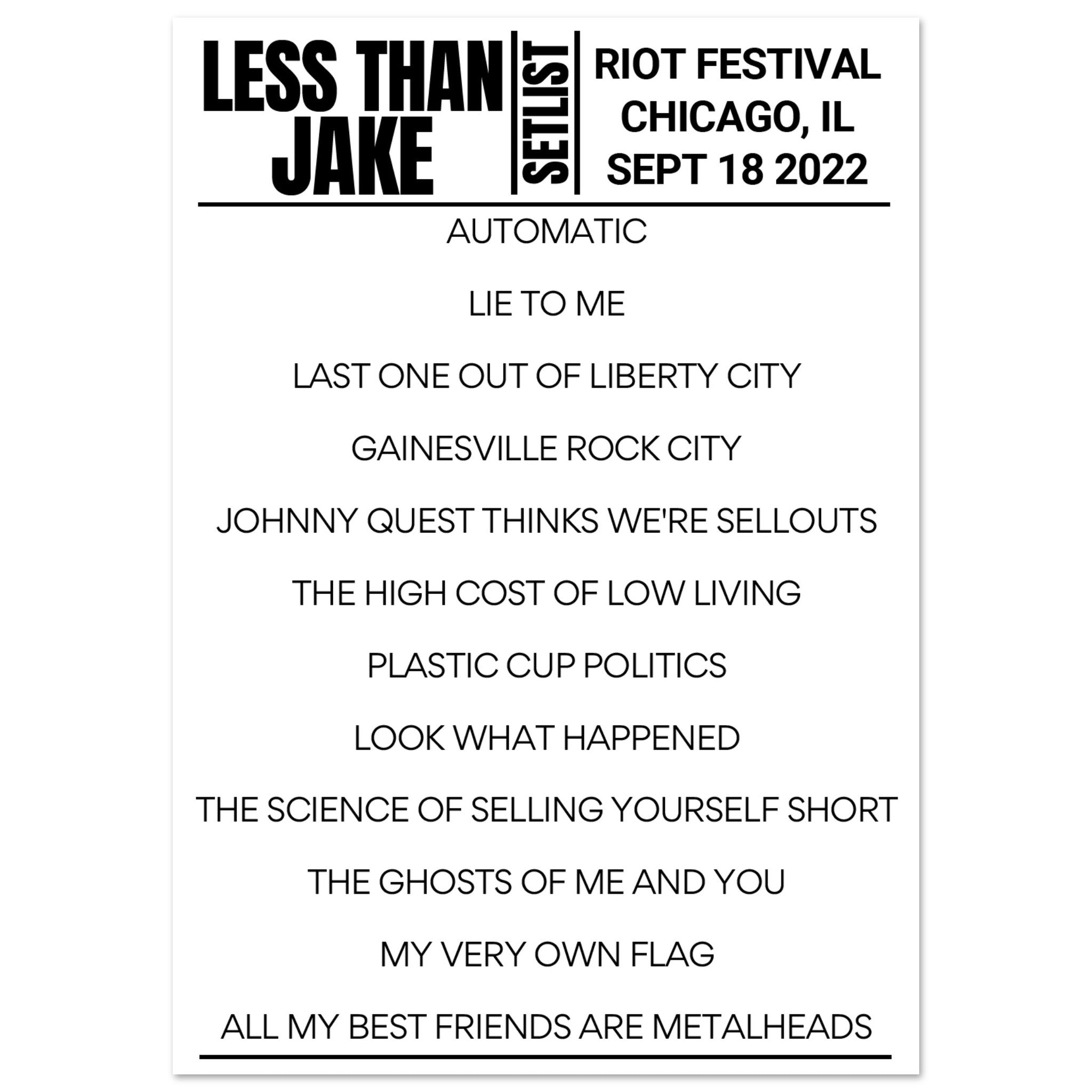 Less Than Jake Riot Festival 2022 Setlist Poster Setlist USA