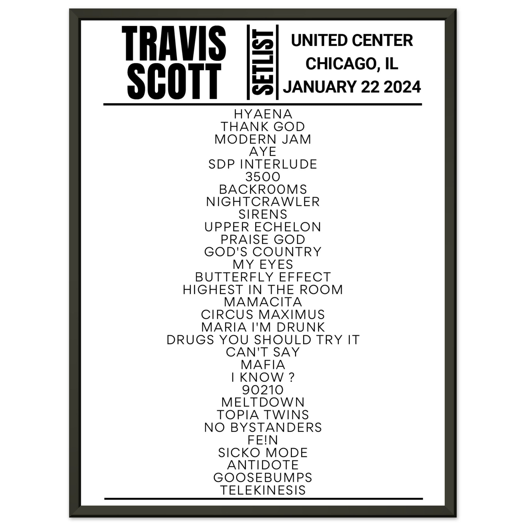 Travis Scott Chicago 2024 Night 2 Framed Setlist Setlist USA