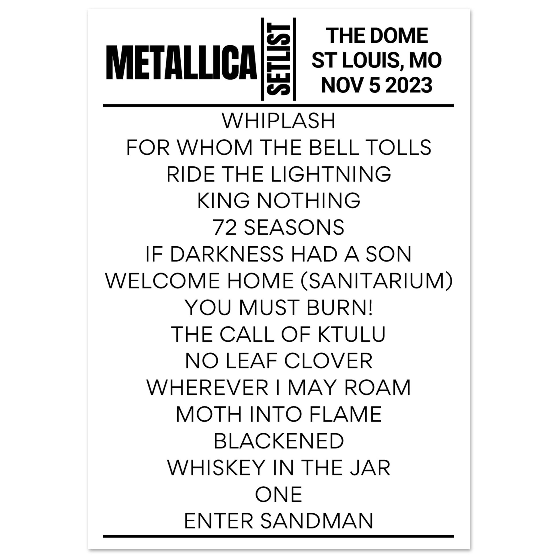 Metallica St Louis 2023 Night 2 Setlist Poster Setlist USA