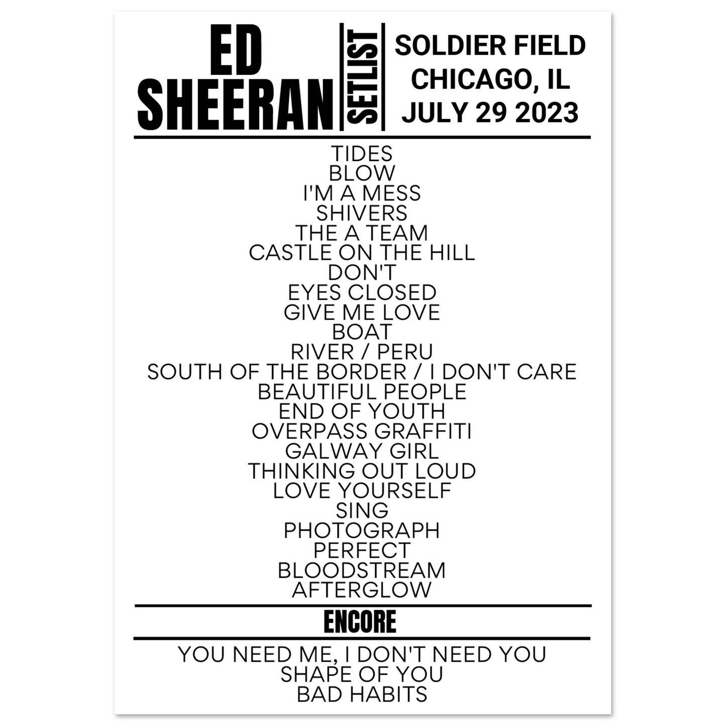 Ed Sheeran Chicago 2023 Setlist Poster Setlist USA