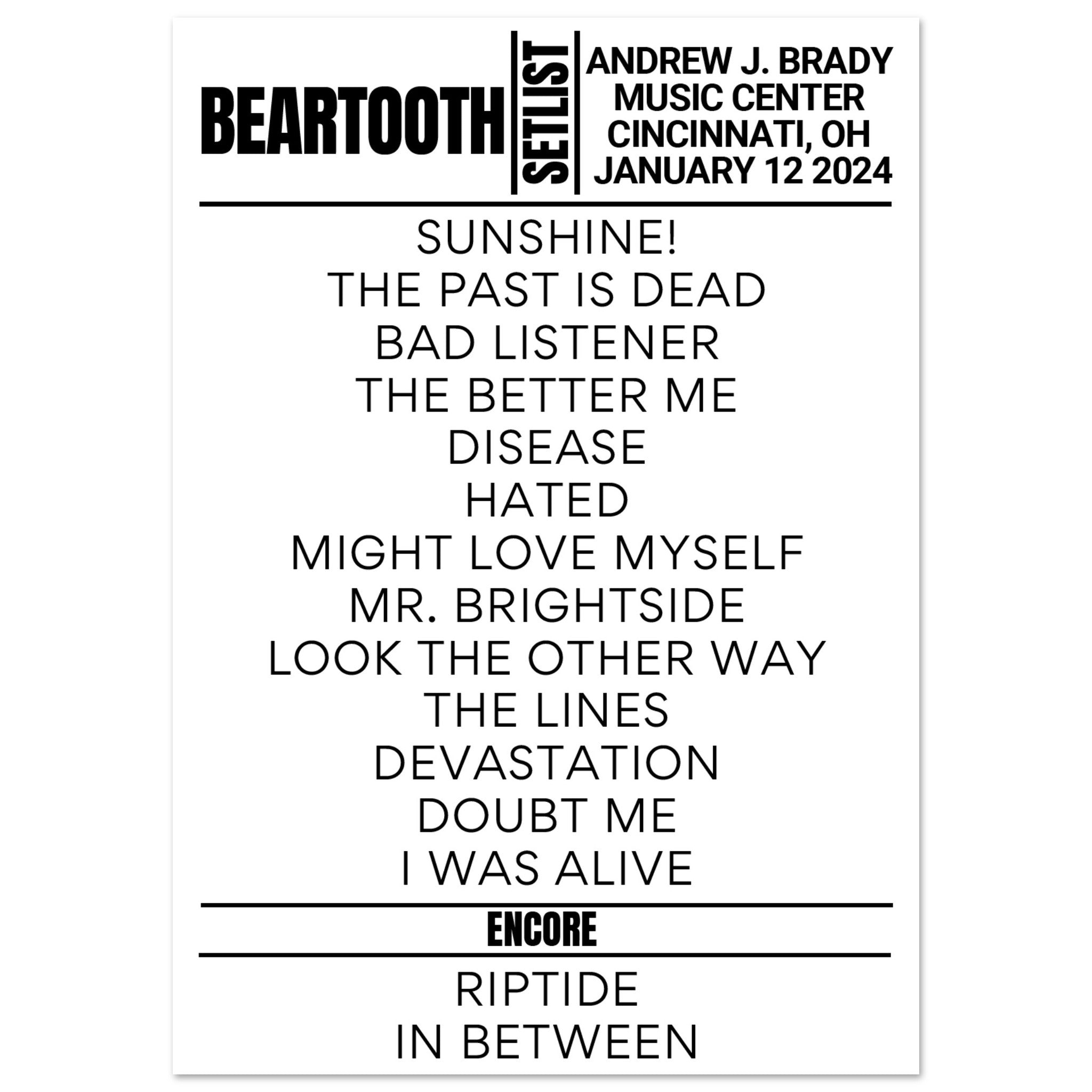 Beartooth - Cincinnati 2024 Setlist Poster – Setlist USA