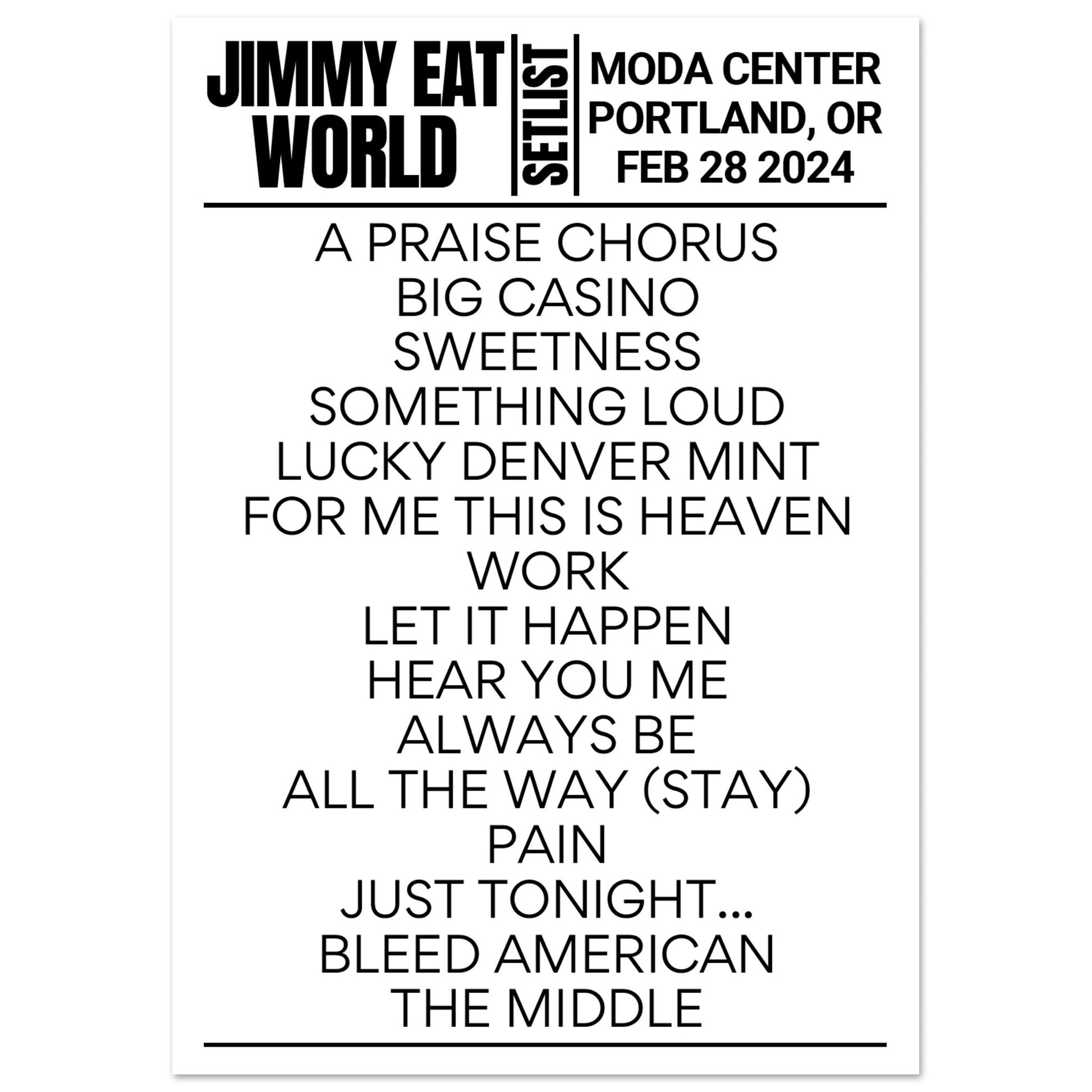 Jimmy Eat World Portland 2024 Setlist Poster Setlist USA