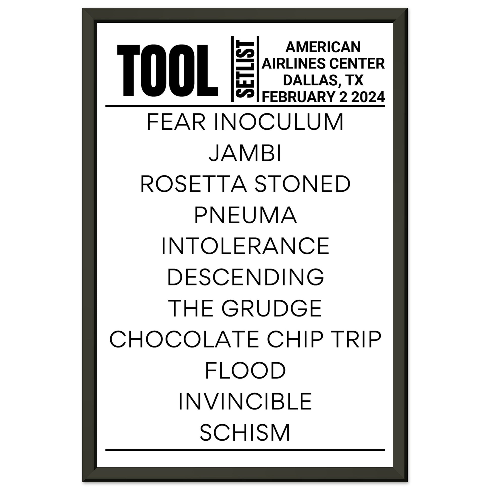 Tool Dallas 2024 Framed Setlist Setlist USA