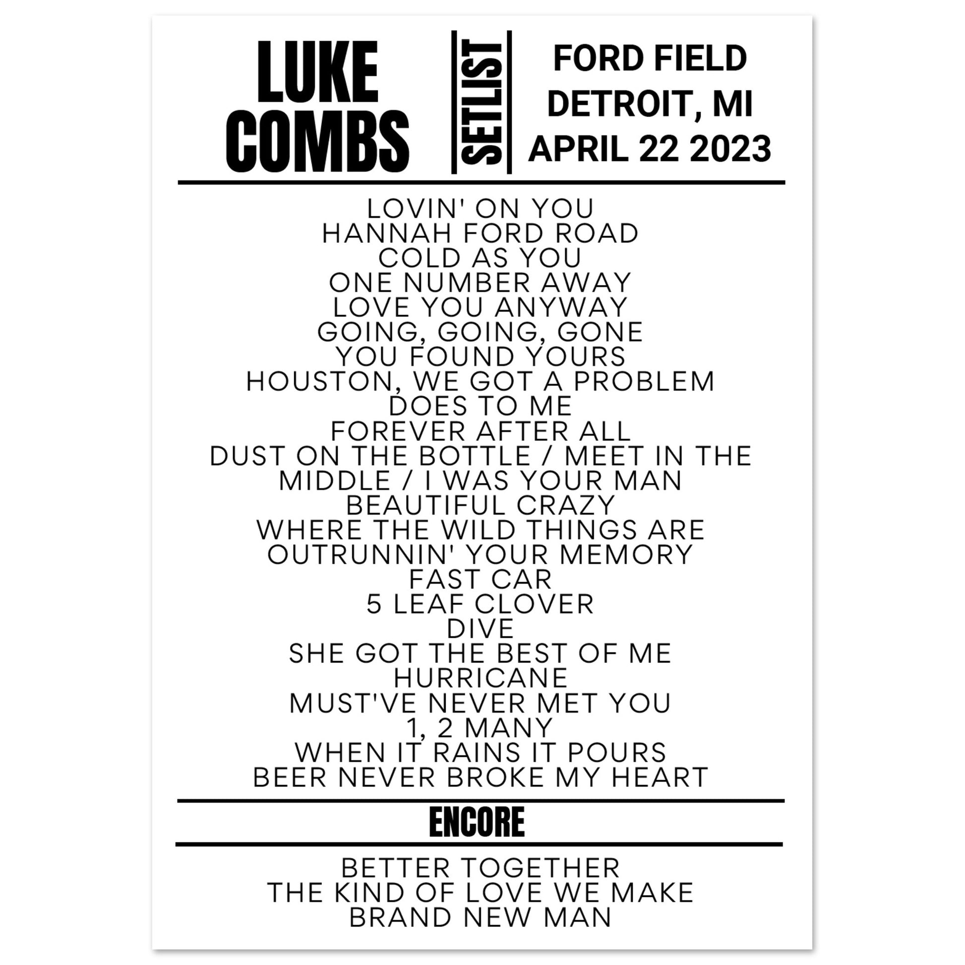 Luke Combs Detroit 2023 Setlist Poster Setlist USA