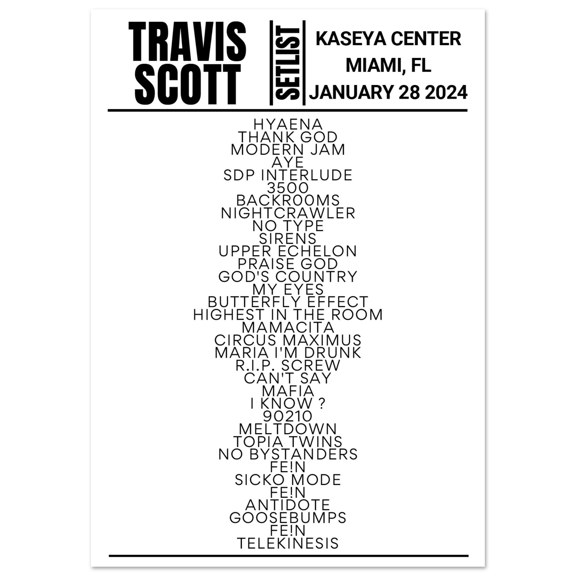 Travis Scott Miami 2024 Setlist Poster Setlist USA