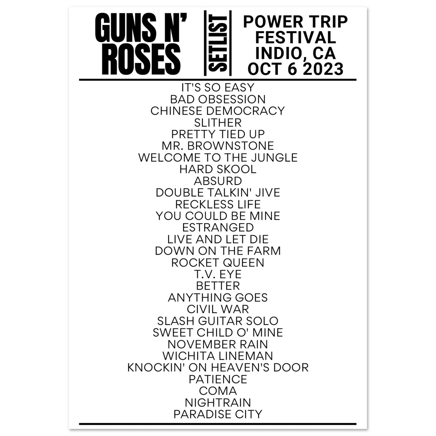 Guns N' Roses Power Trip Festival 2023 Setlist Poster Setlist USA