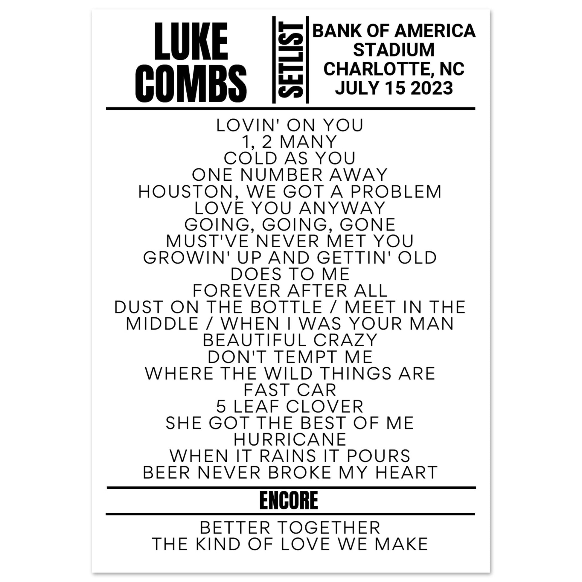 Luke Combs Charlotte 2023 Night 2 Setlist Poster Setlist USA