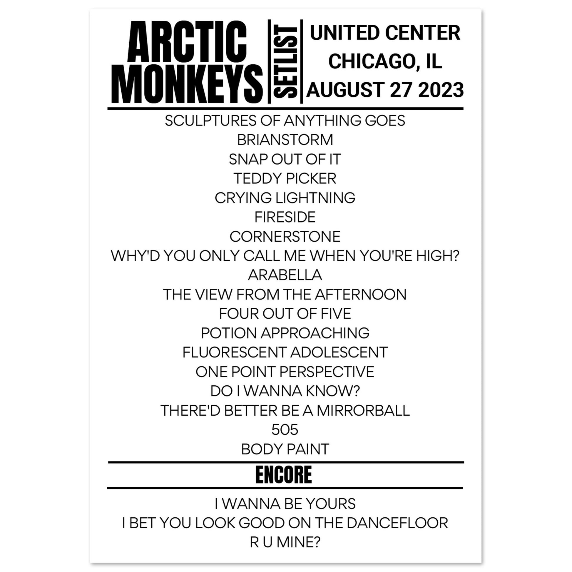 Arctic Monkeys Chicago 2023 Setlist Poster Setlist USA