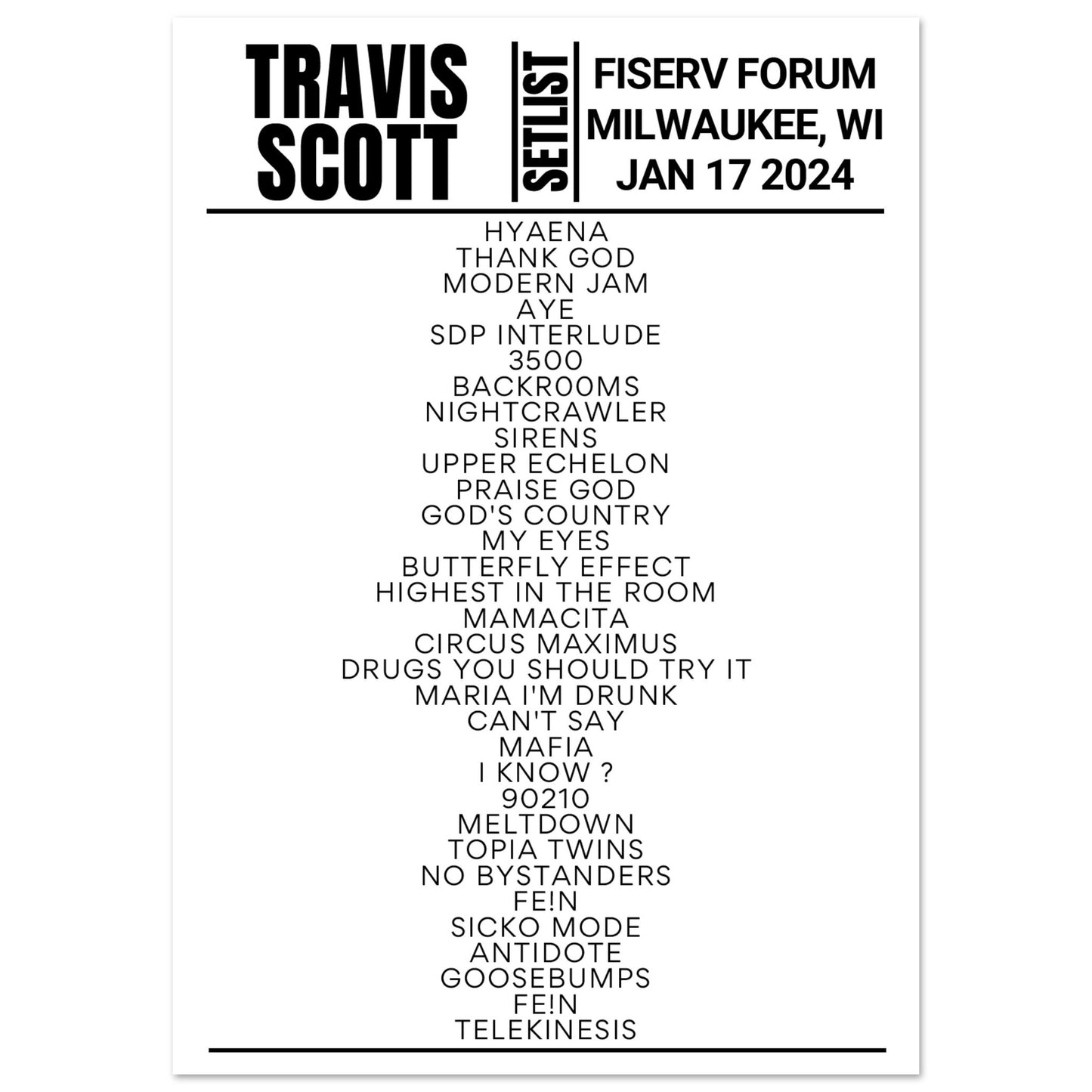 Travis Scott Milwaukee 2025 Setlist Poster Setlist USA