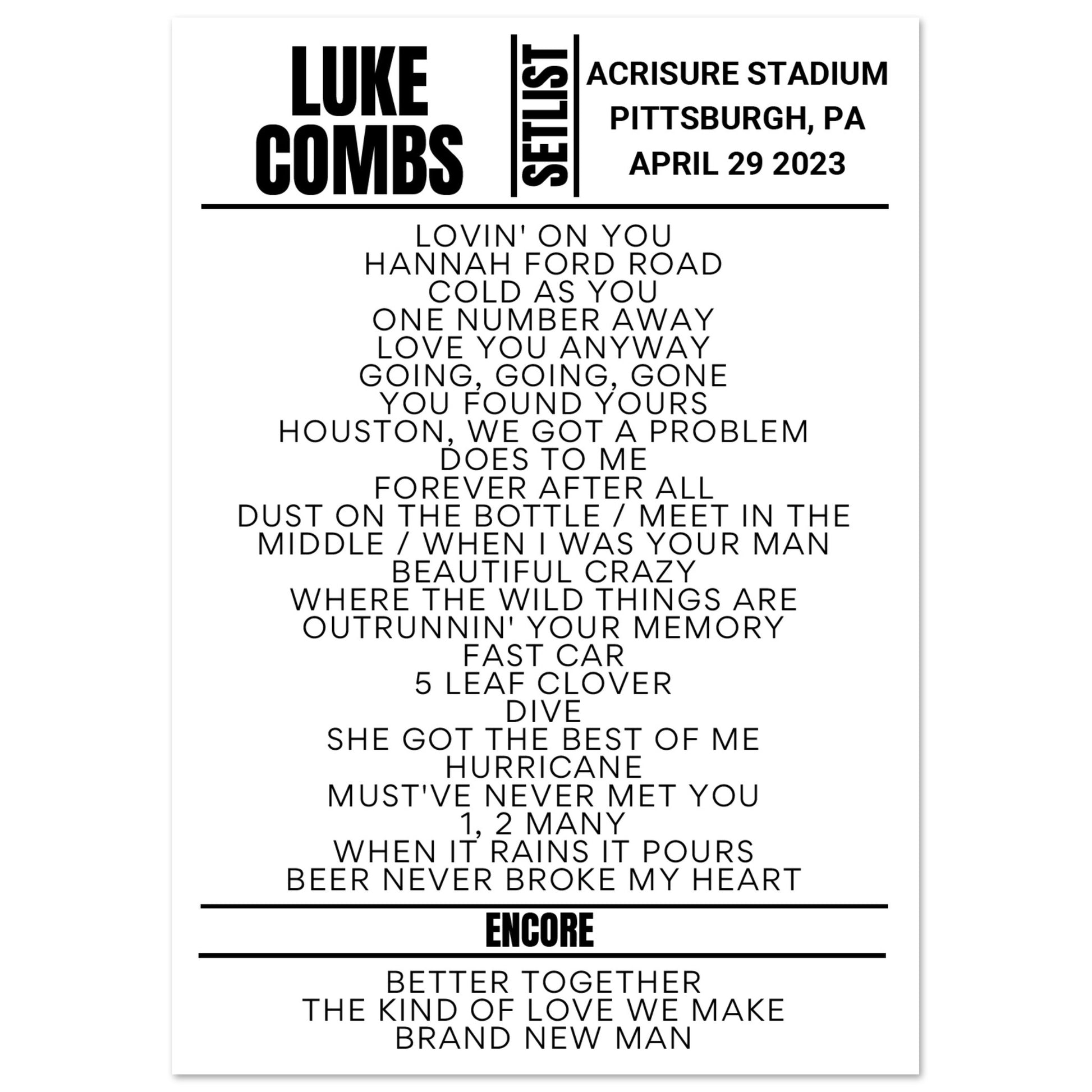 Luke Combs Pittsburgh 2023 Setlist Poster Setlist USA