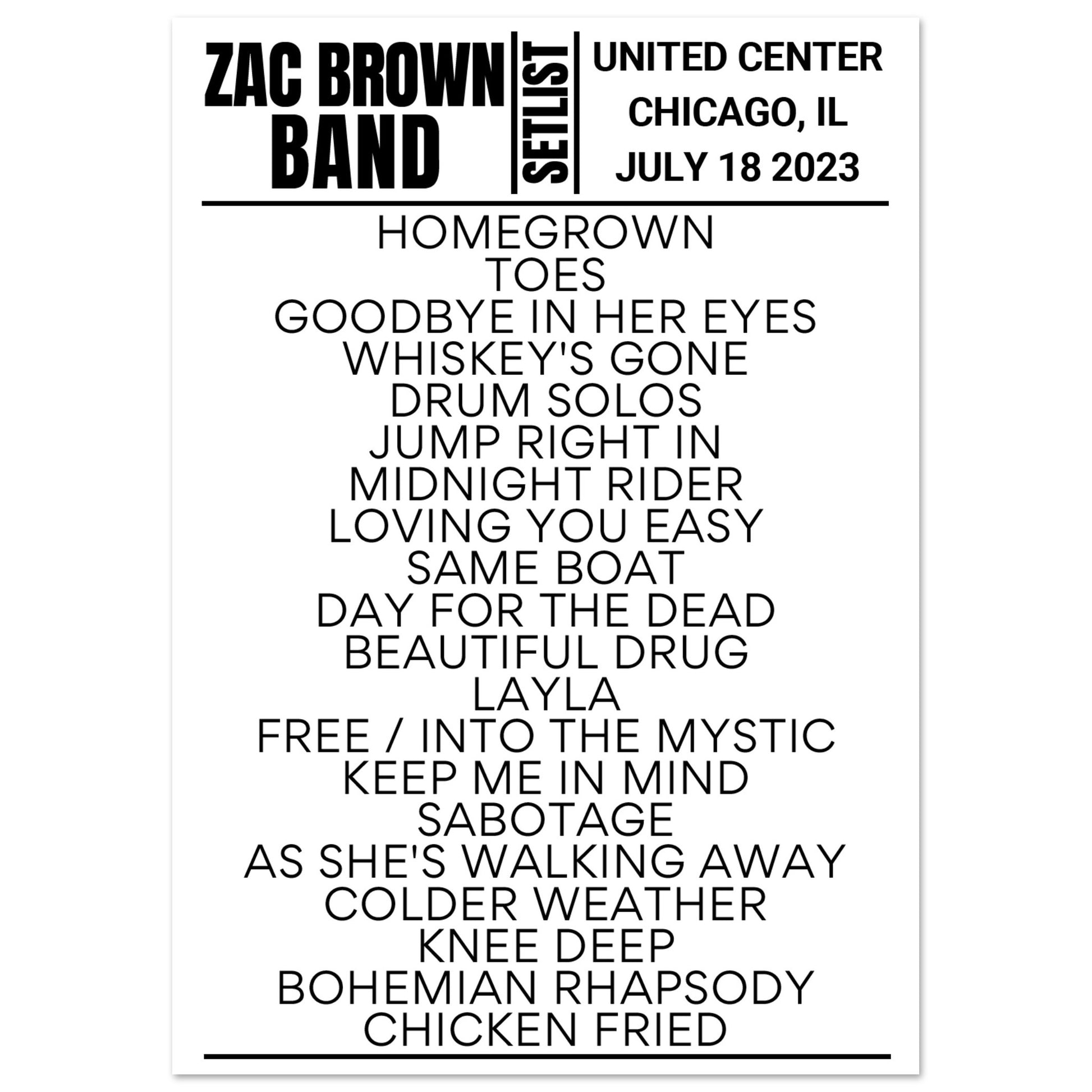 Zac Brown Band Chicago 2023 Setlist Poster Setlist USA