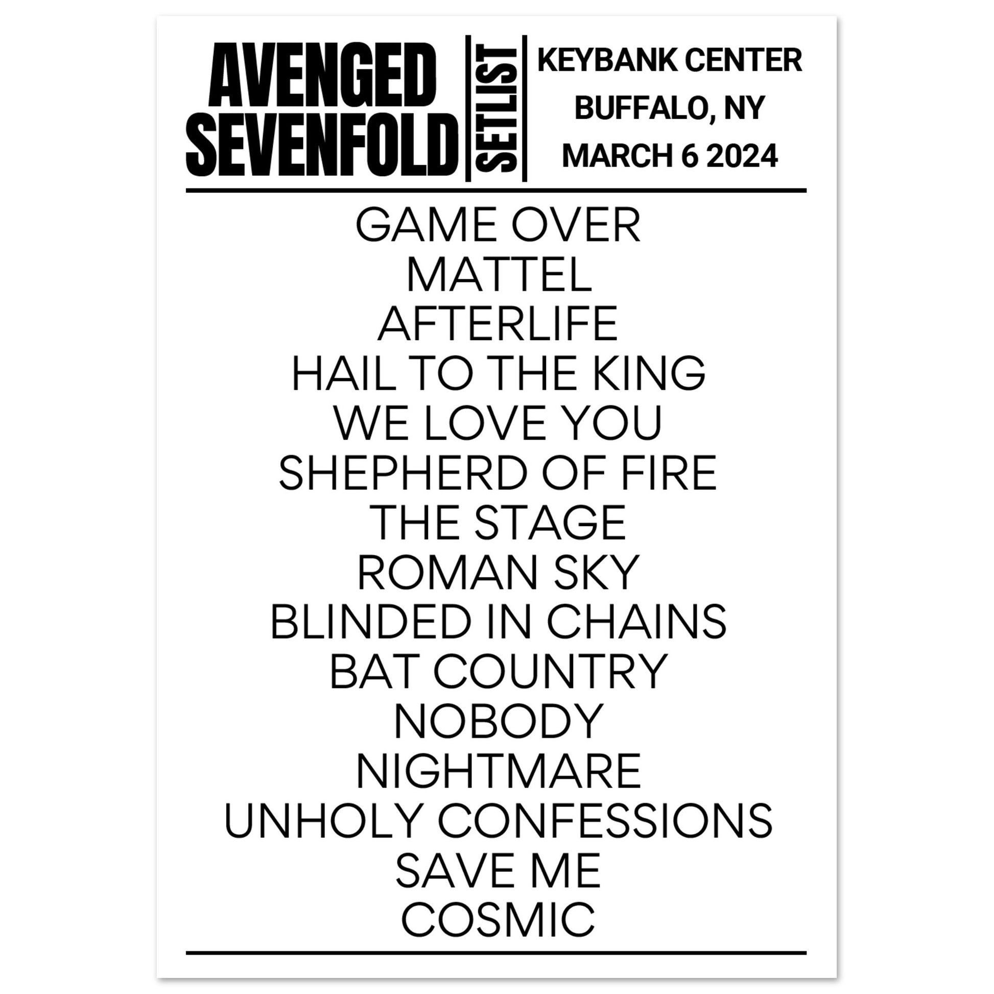 Avenged Sevenfold Buffalo 2024 Setlist Poster Setlist USA