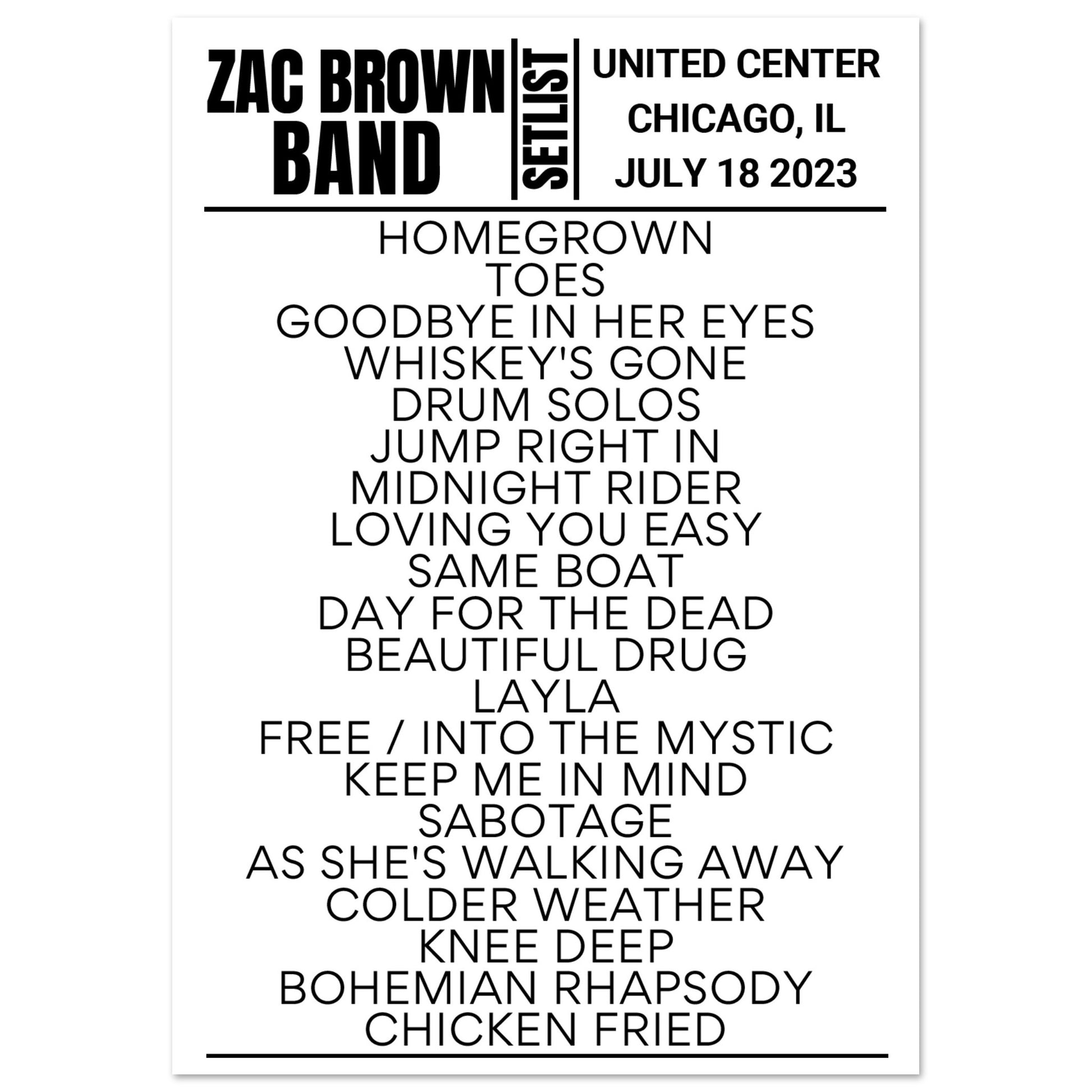 Zac Brown Band Chicago 2023 Setlist Poster Setlist USA