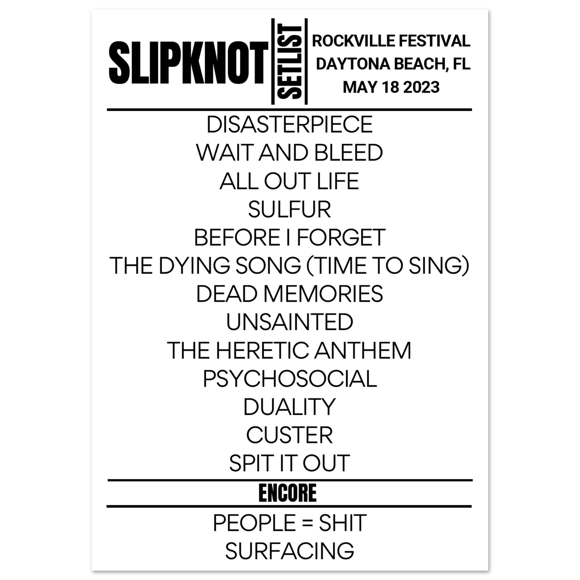 Slipknot Rockville Festival 2023 Setlist Poster Setlist USA