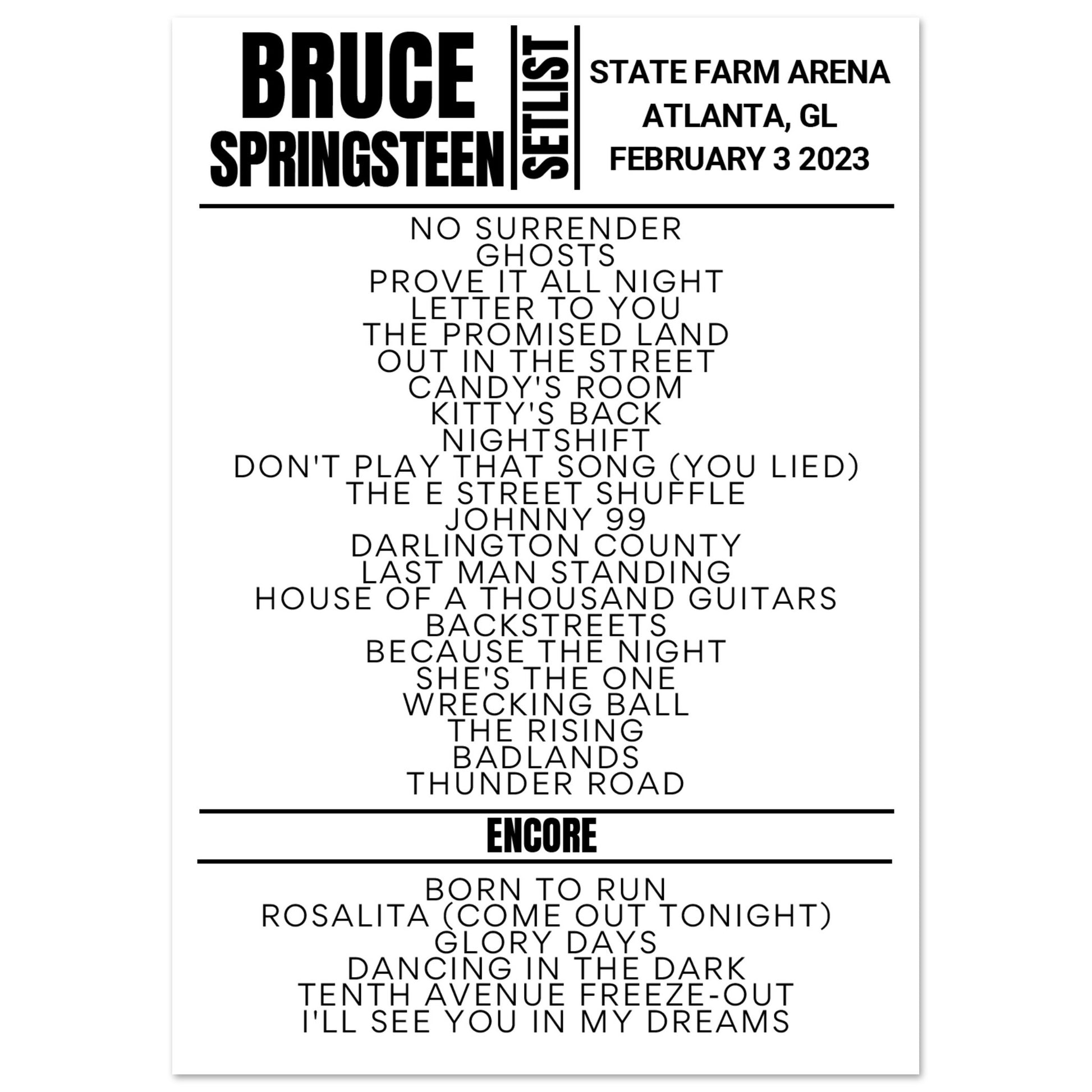 Bruce Springsteen Atlanta 2023 Setlist Poster Setlist USA