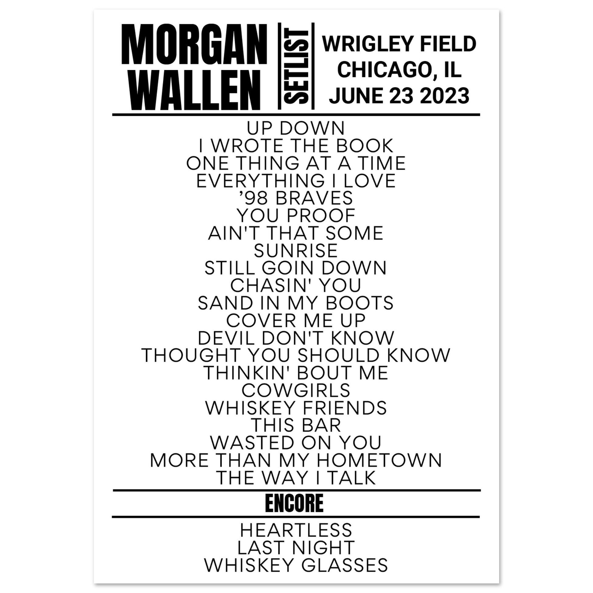 Wallen Chicago 2023 Night 2 Setlist Poster Setlist USA