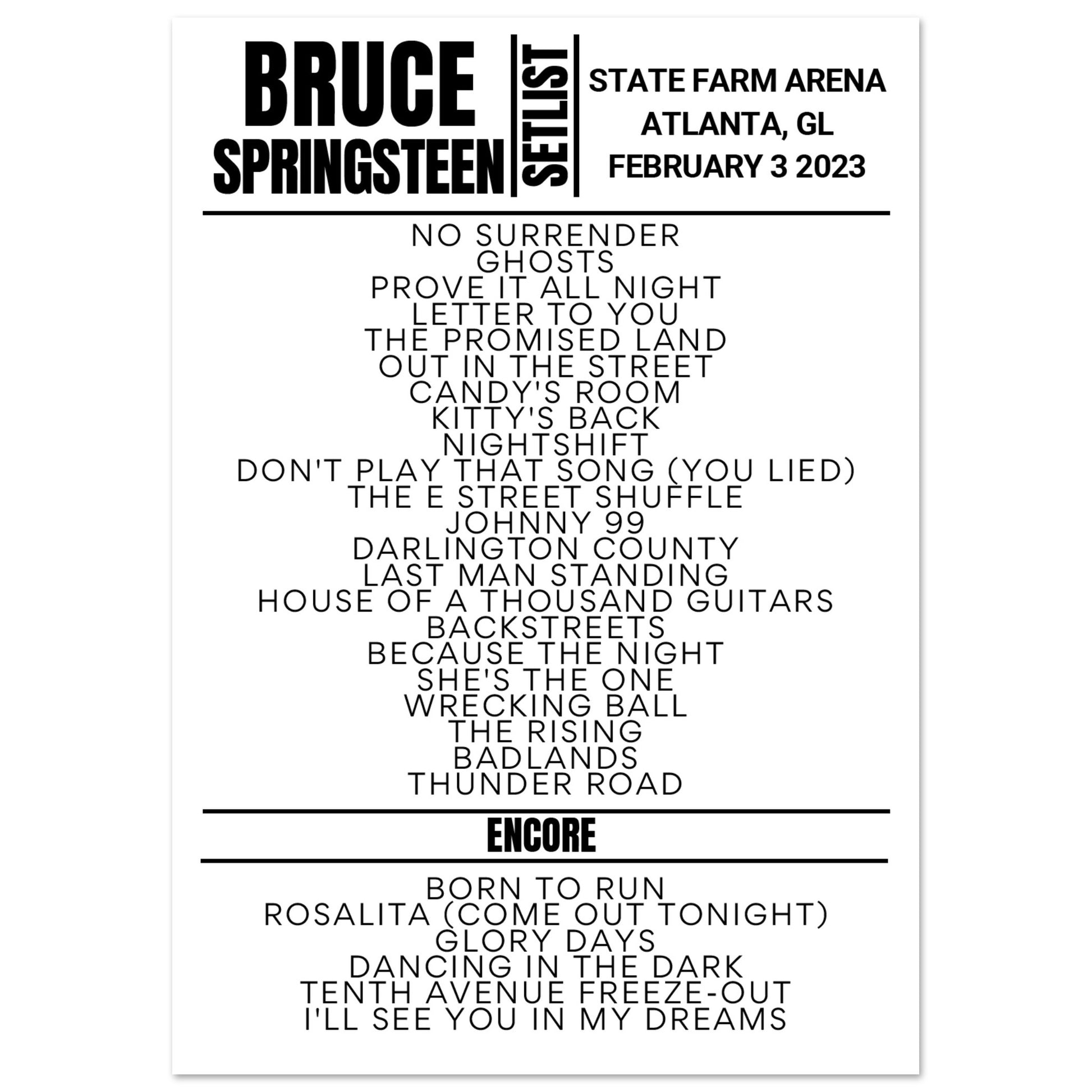 Bruce Springsteen Atlanta 2023 Setlist Poster Setlist USA