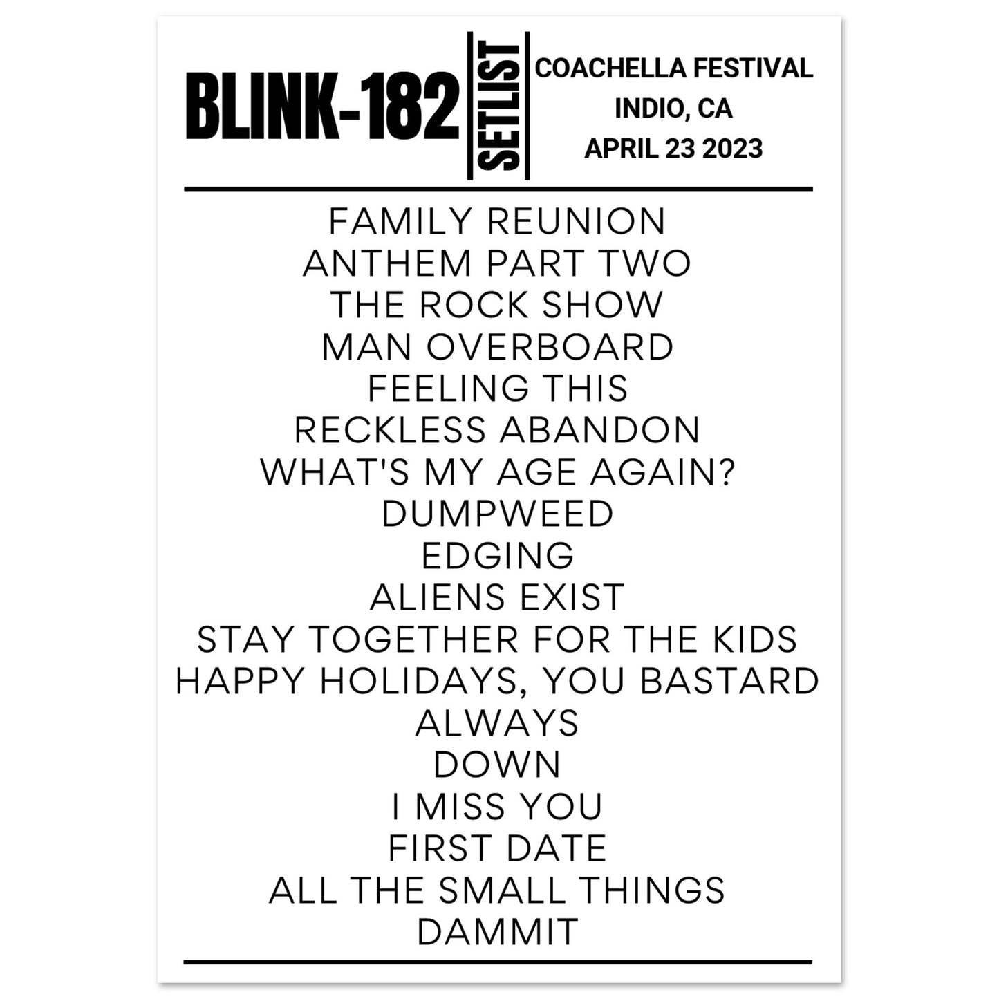 Blink182 Coachella Festival 2023 Day 2 Setlist Poster Setlist USA