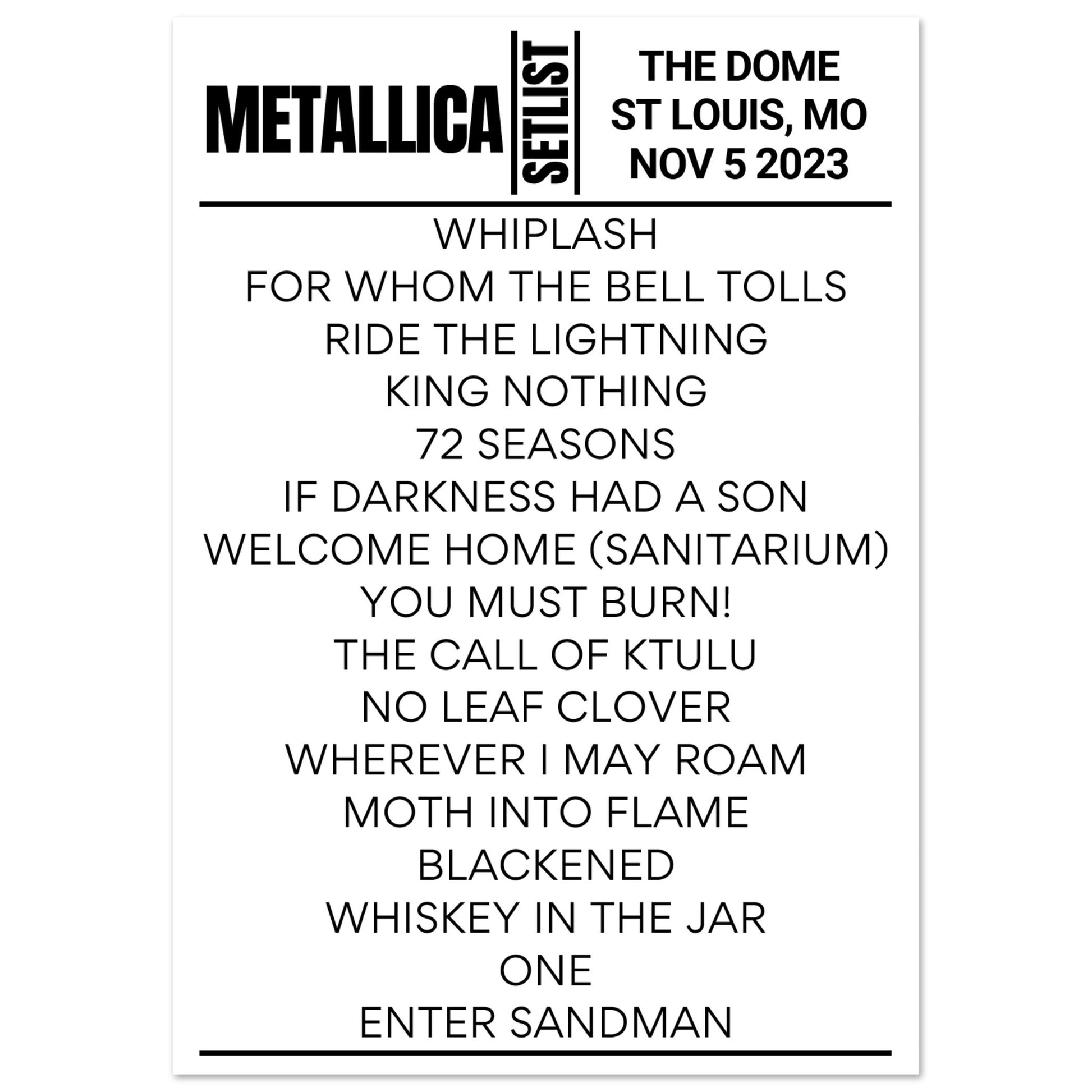 Metallica St Louis 2023 Night 2 Setlist Poster Setlist USA