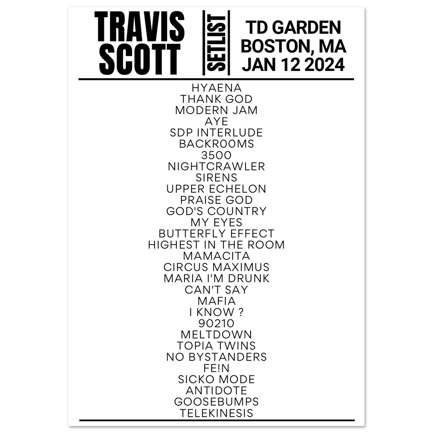 Travis Scott Boston 2024 Setlist Poster Setlist USA