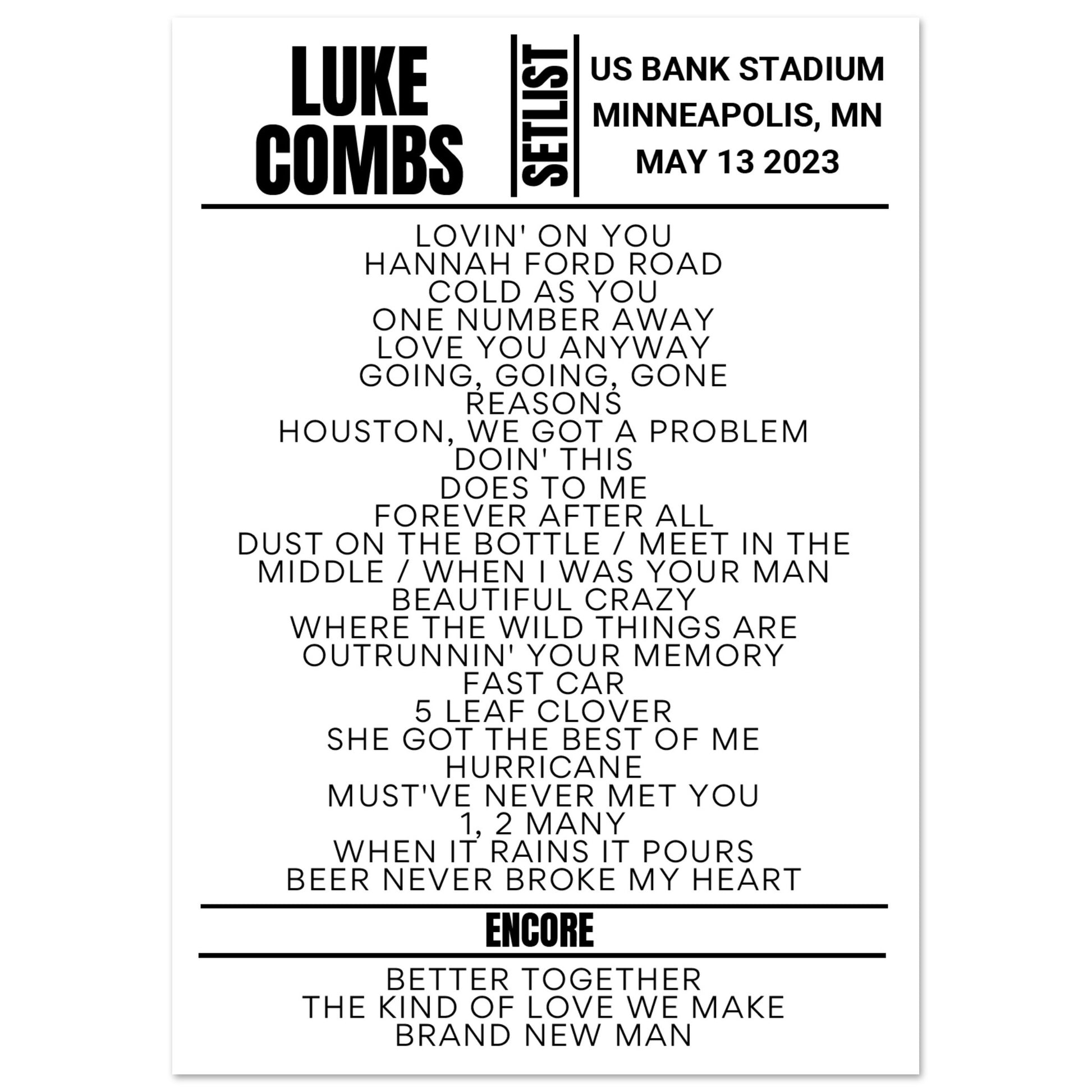 Luke Combs Minneapolis 2025 Setlist Poster Setlist USA