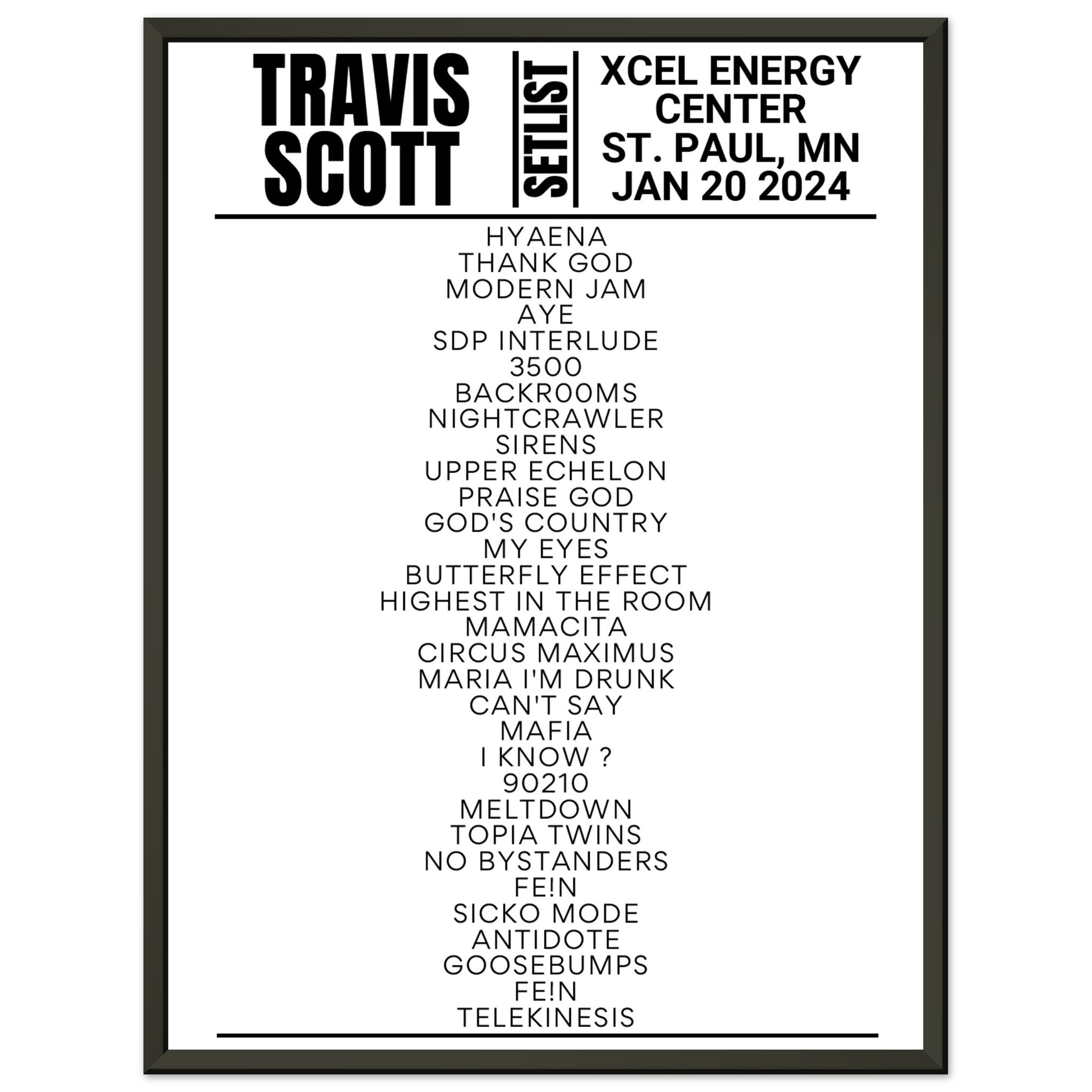 Travis Scott St. Paul 2024 Framed Setlist Setlist USA