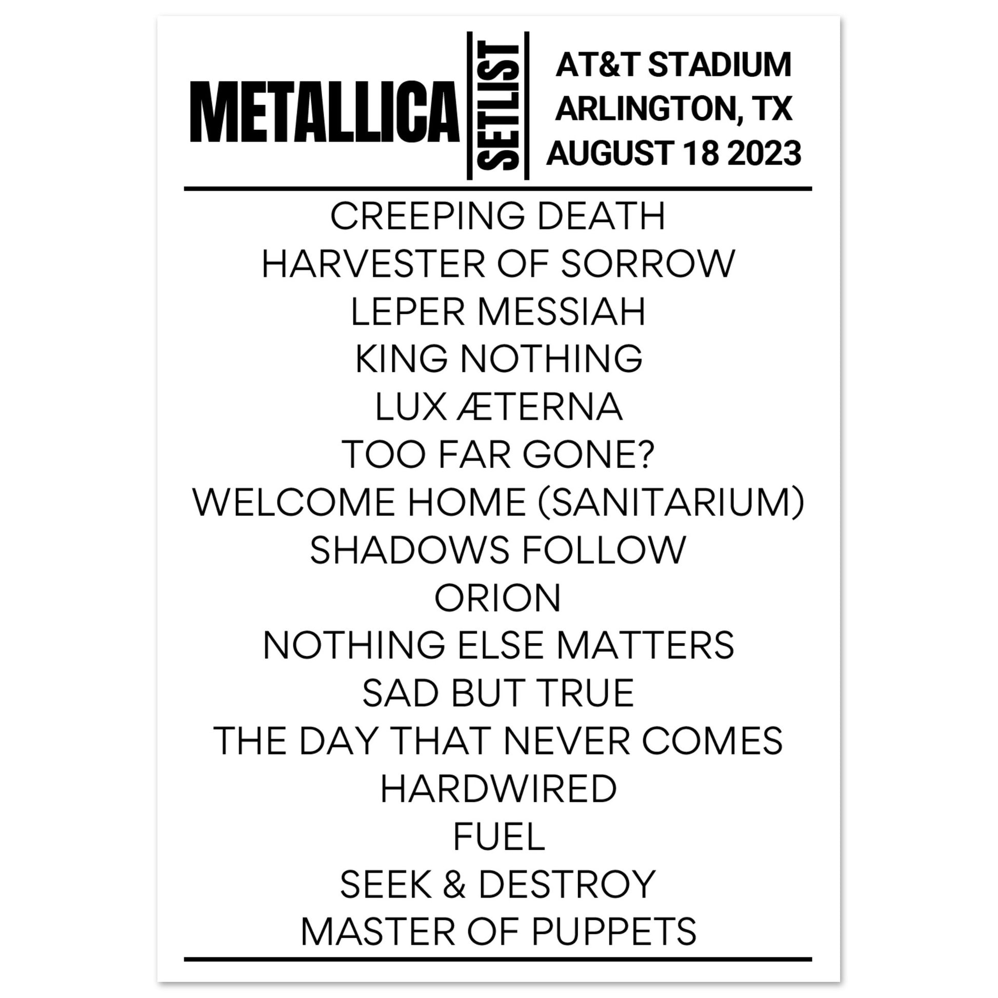 Metallica Arlington 2023 Night 1 Setlist Poster Setlist USA