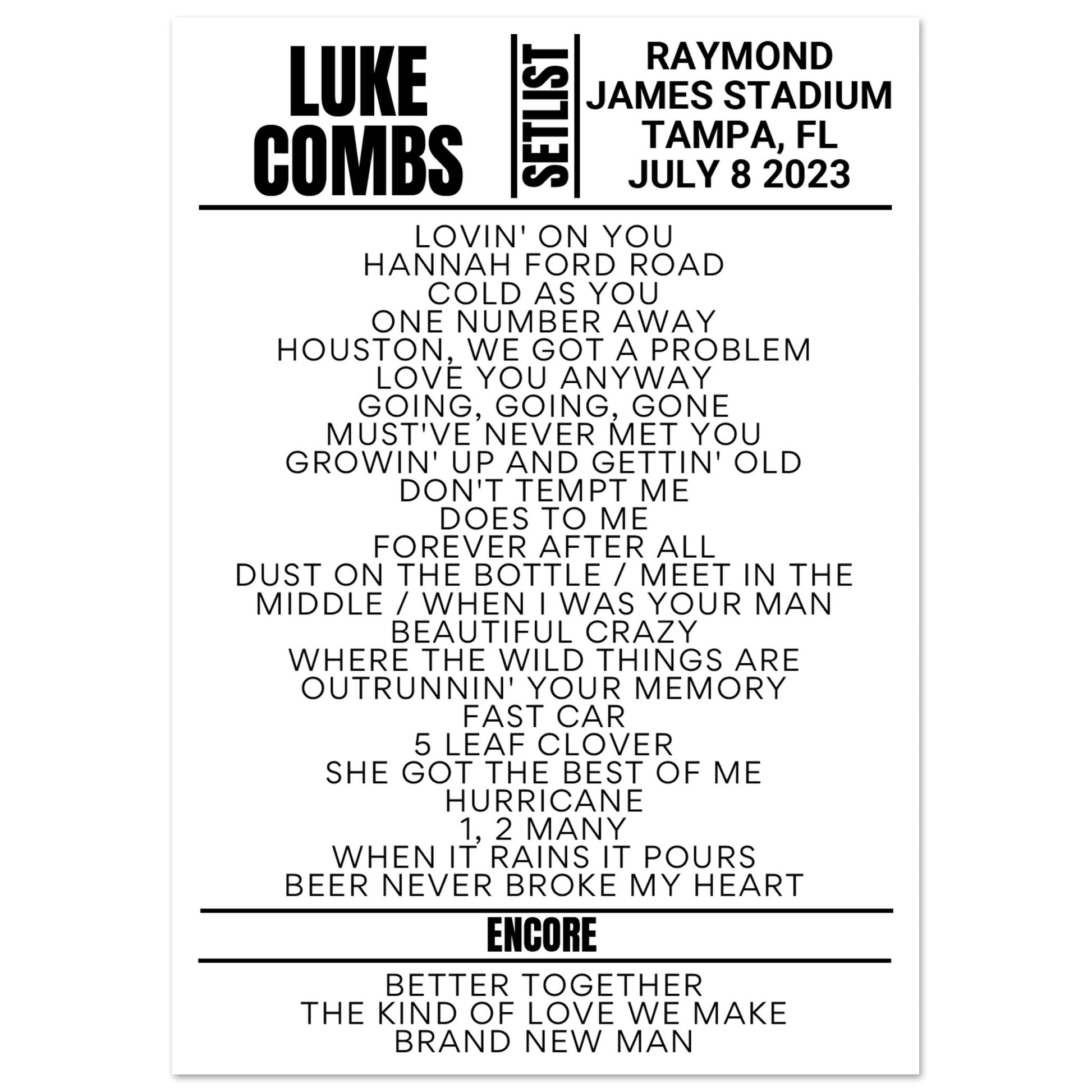 Luke Combs Tampa 2023 Night 2 Setlist Poster Setlist USA