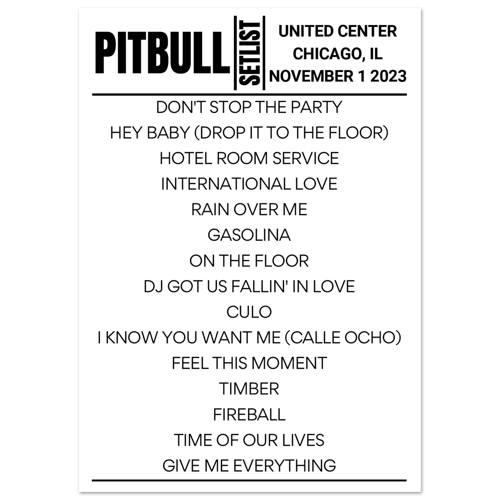 Pitbull Chicago 2023 Setlist Poster Setlist USA