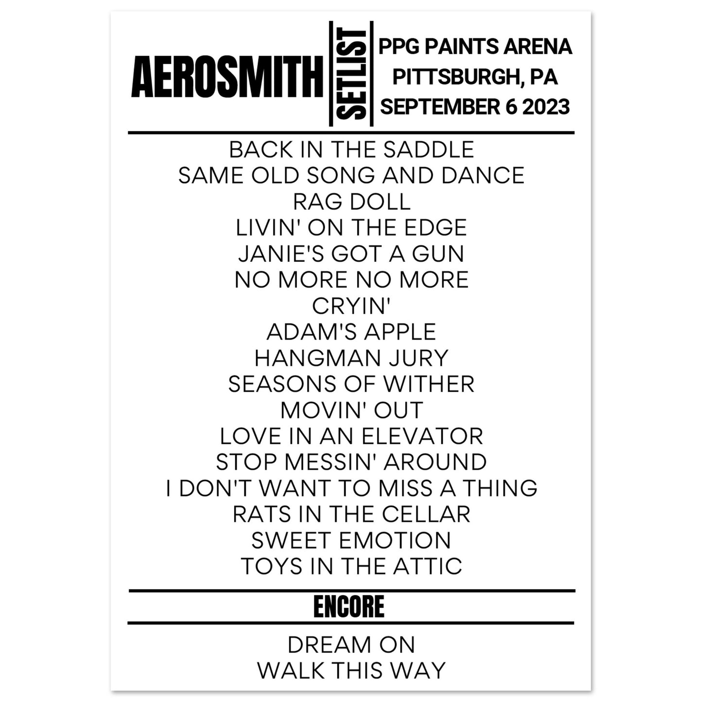 Aerosmith Pittsburgh 2023 Setlist Poster Setlist USA