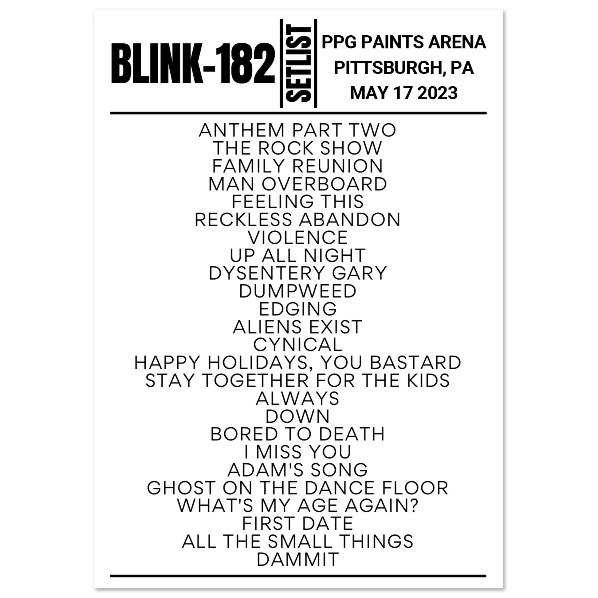 Blink182 Pittsburgh 2023 Setlist Poster Setlist USA