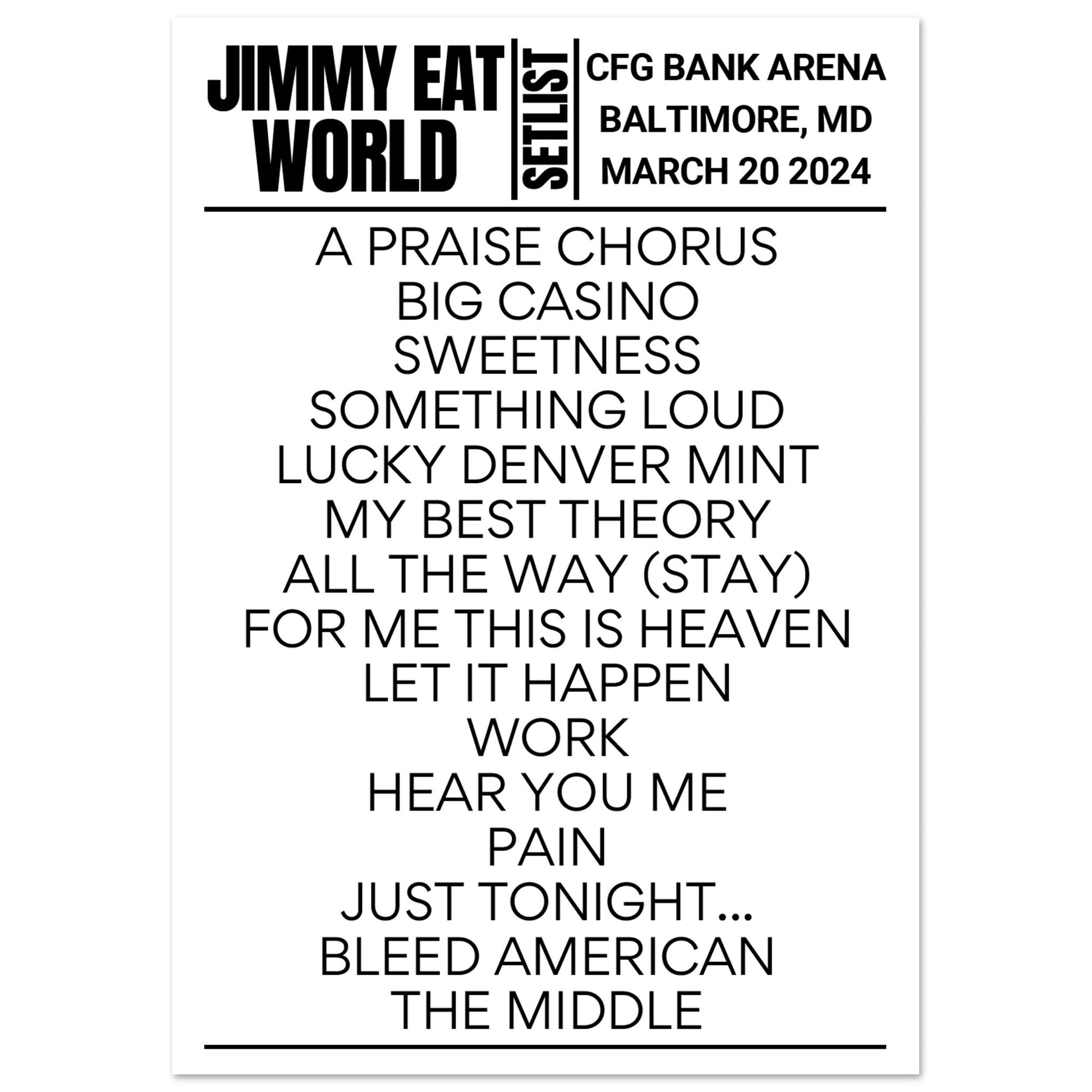 Jimmy Eat World Baltimore 2025 Setlist Poster Setlist USA