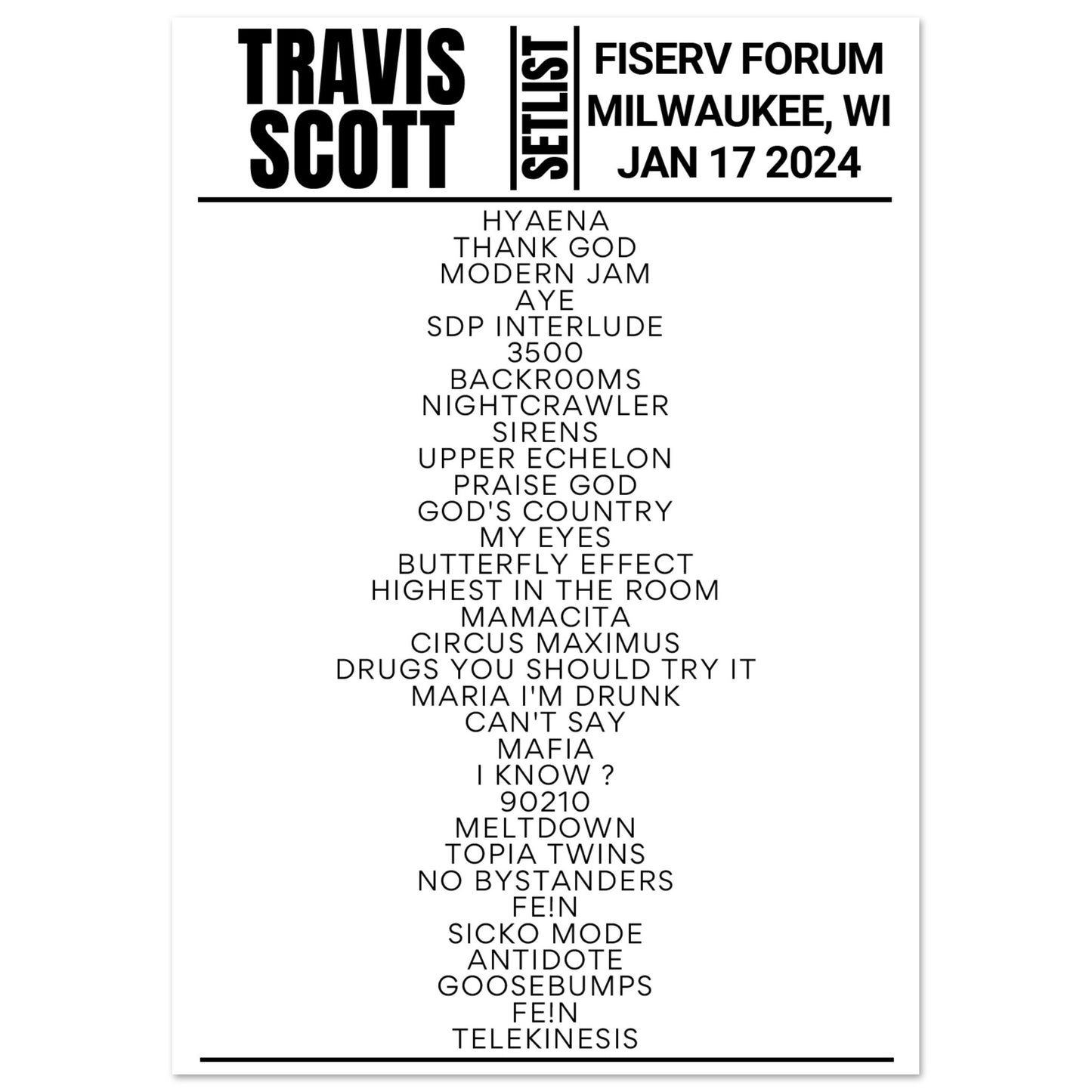 Travis Scott Milwaukee 2024 Setlist Poster Setlist USA