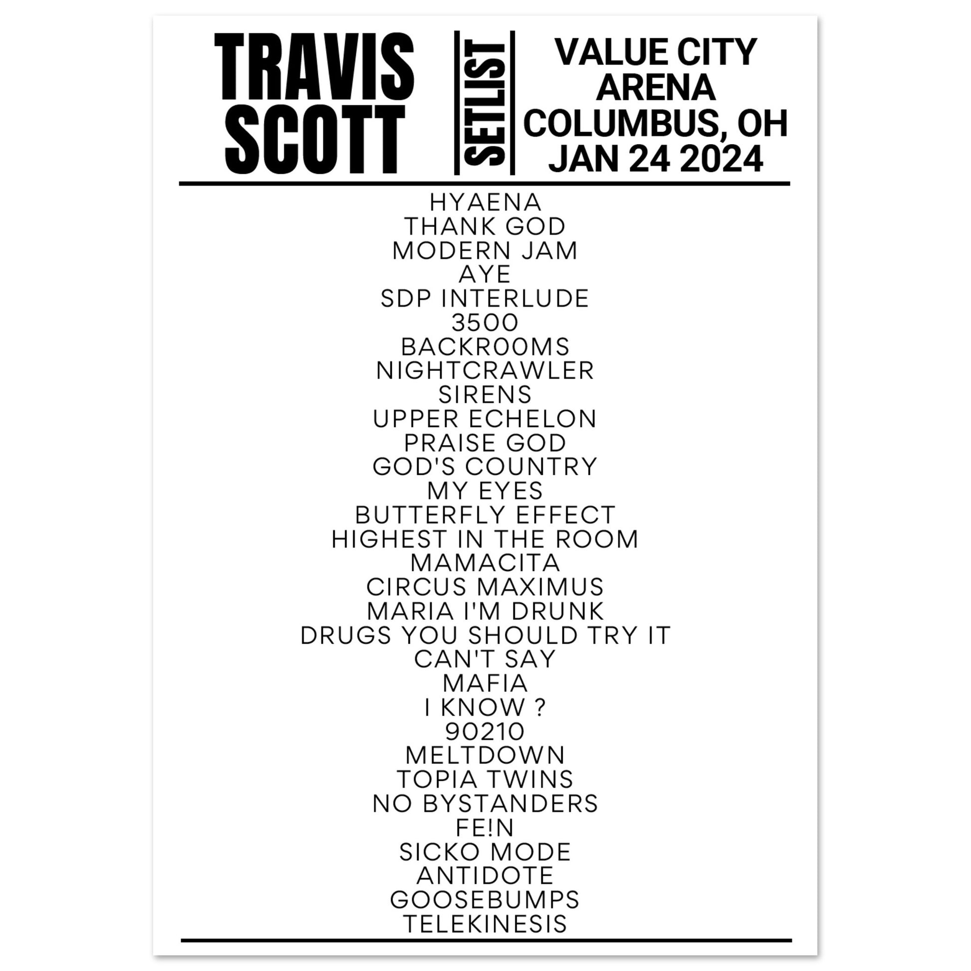 Travis Scott Columbus 2024 Setlist Poster Setlist USA