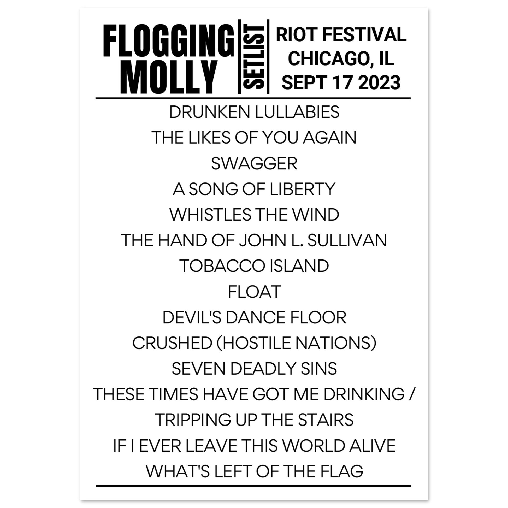 Flogging Molly Riot Festival 2023 Setlist Poster Setlist USA