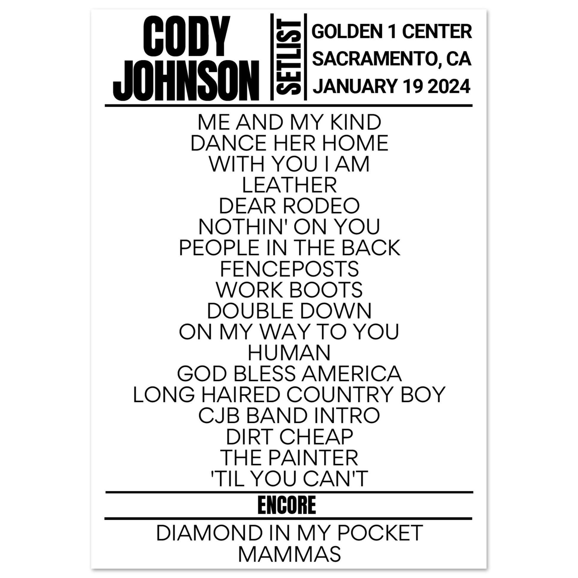 Cody Johnson Sacramento 2025 Setlist Poster Setlist USA