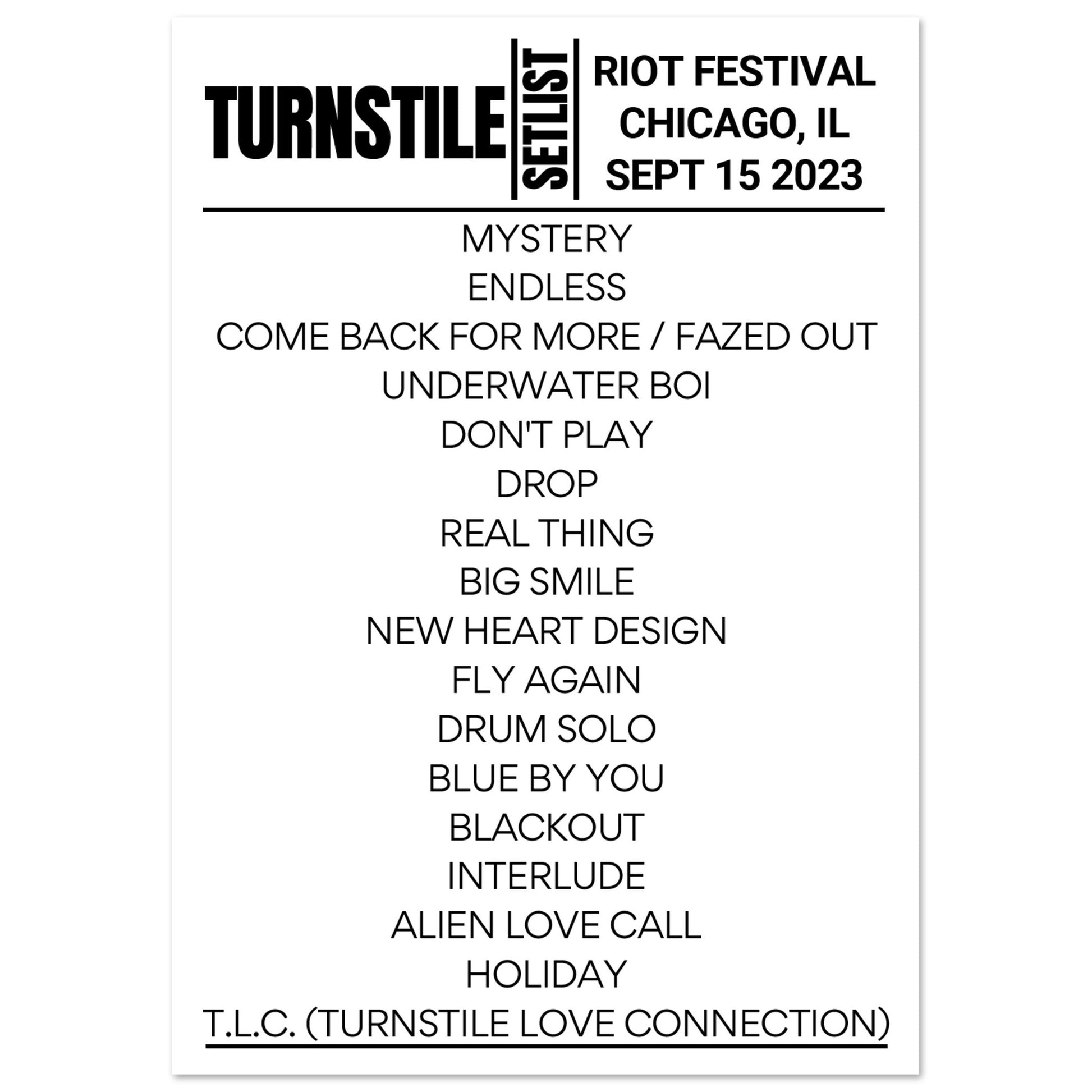 Turnstile Riot Festival 2023 Setlist Poster Setlist USA