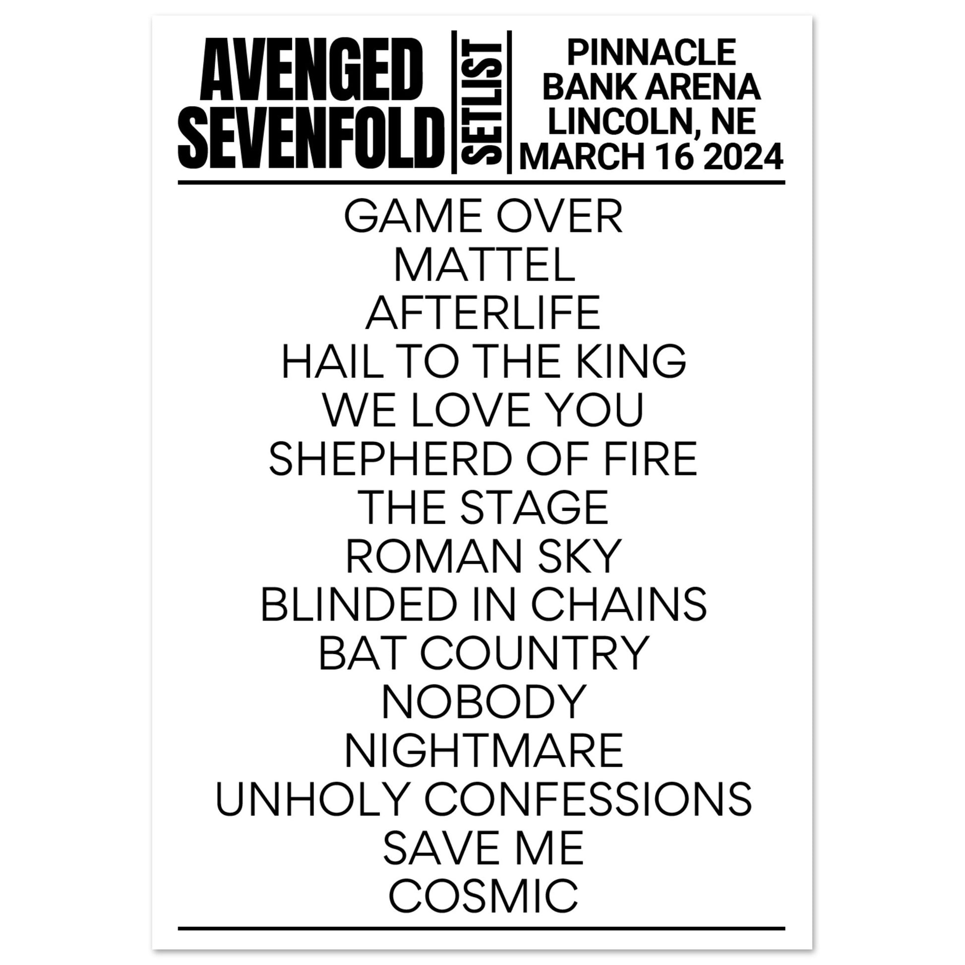 Avenged Sevenfold Lincoln 2024 Setlist Poster Setlist USA