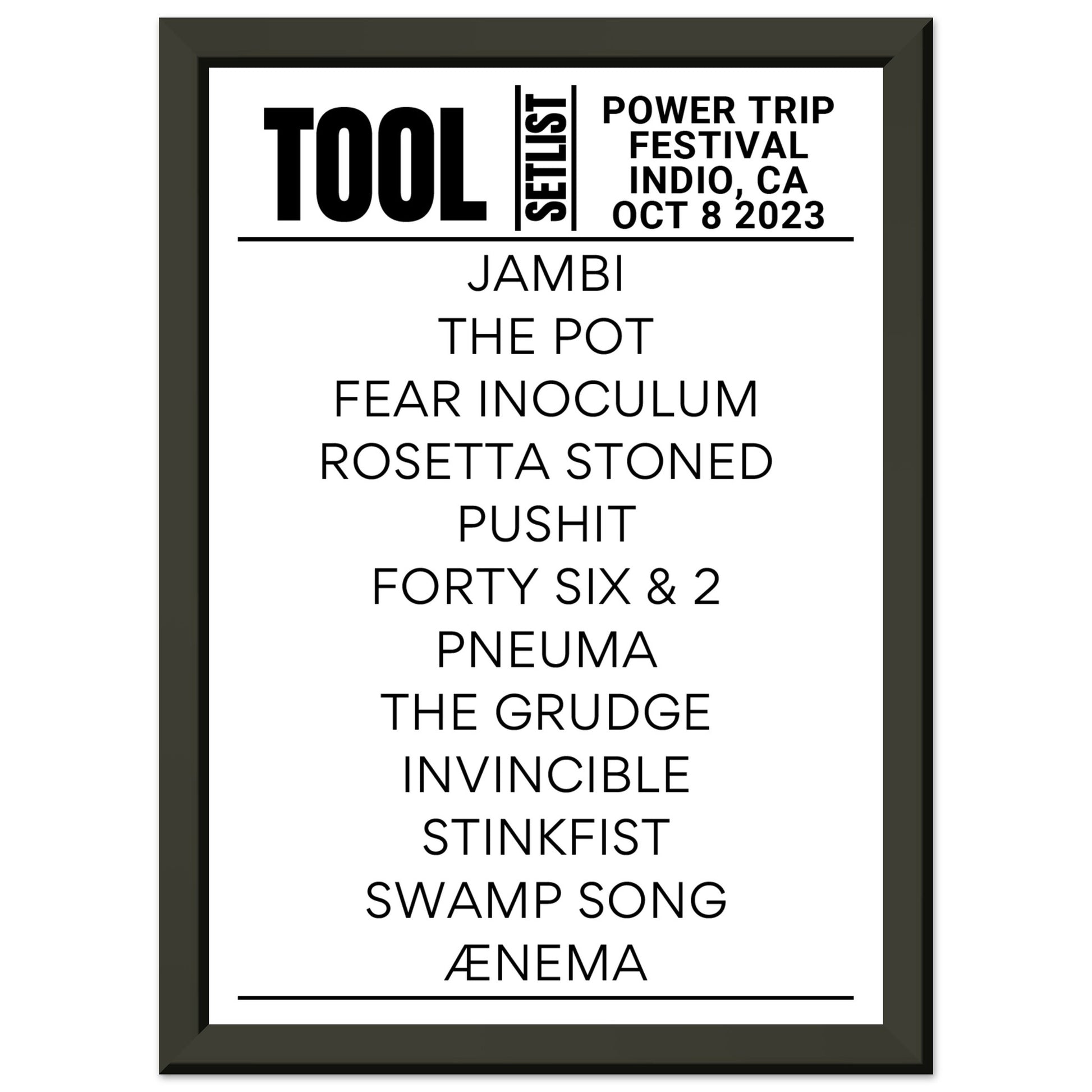 Tool Power Trip Festival 2023 Framed Setlist Setlist USA