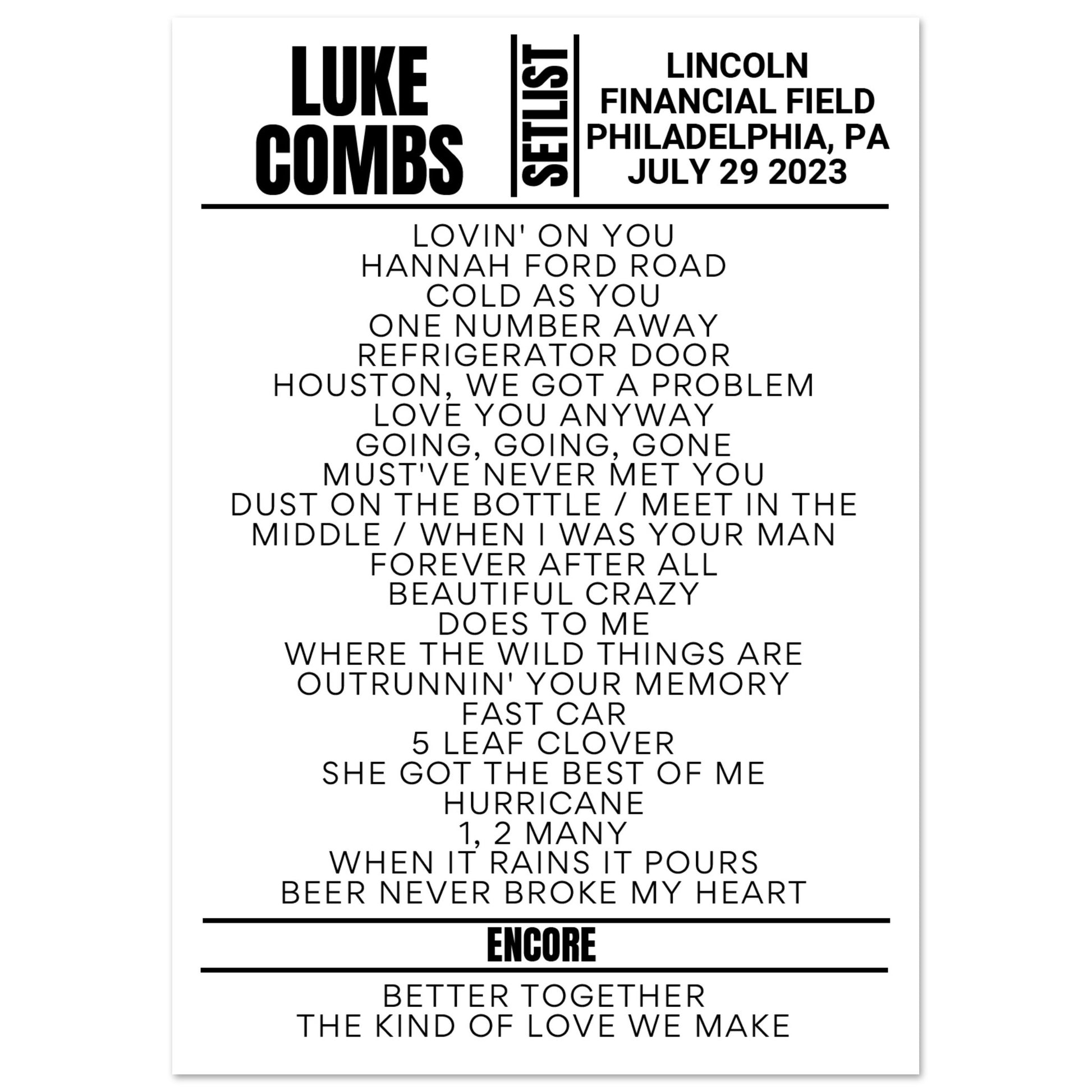 Luke Combs Philadelphia 2023 Night 2 Setlist Poster Setlist USA