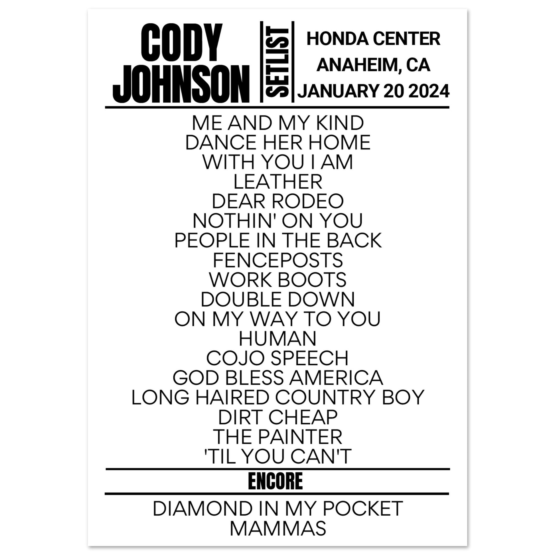 Cody Johnson Anaheim 2024 Setlist Poster Setlist USA