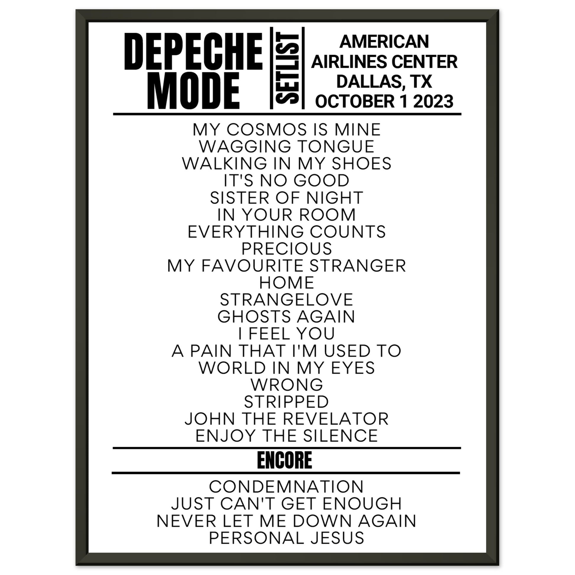 Depeche Mode Dallas 2023 Framed Setlist Setlist USA