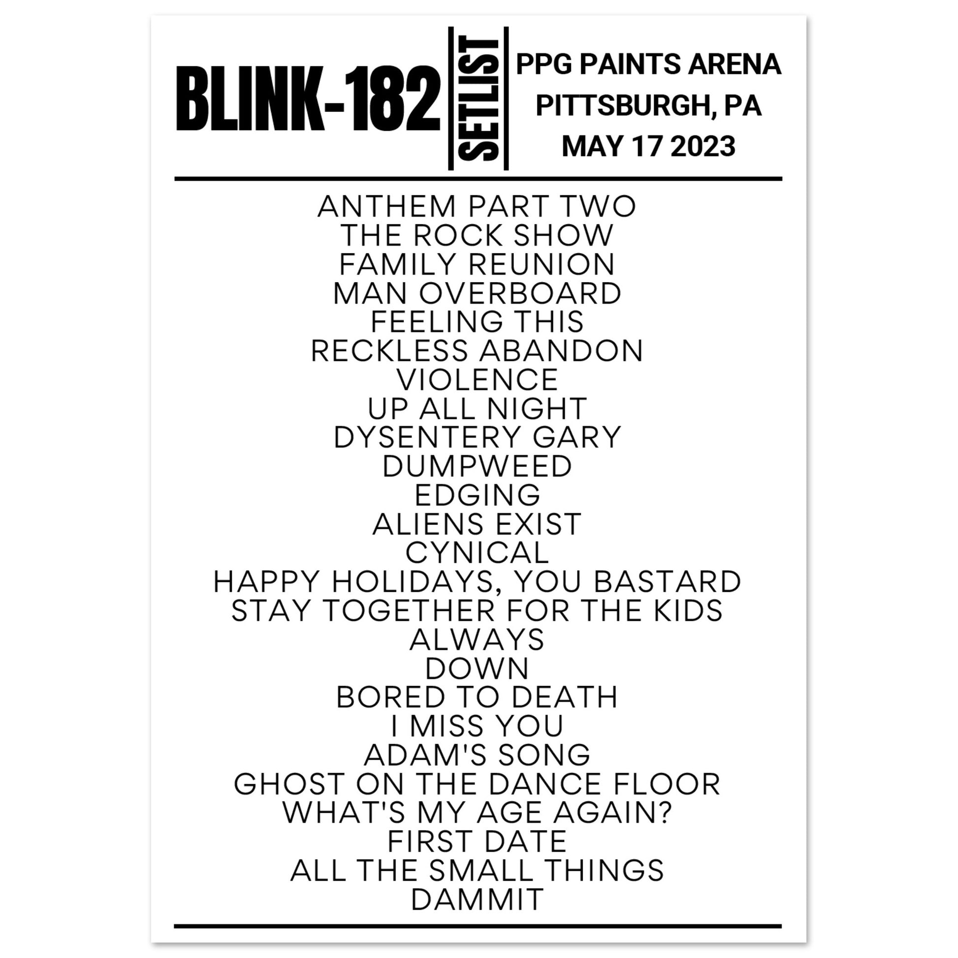 Blink182 Pittsburgh 2023 Setlist Poster Setlist USA